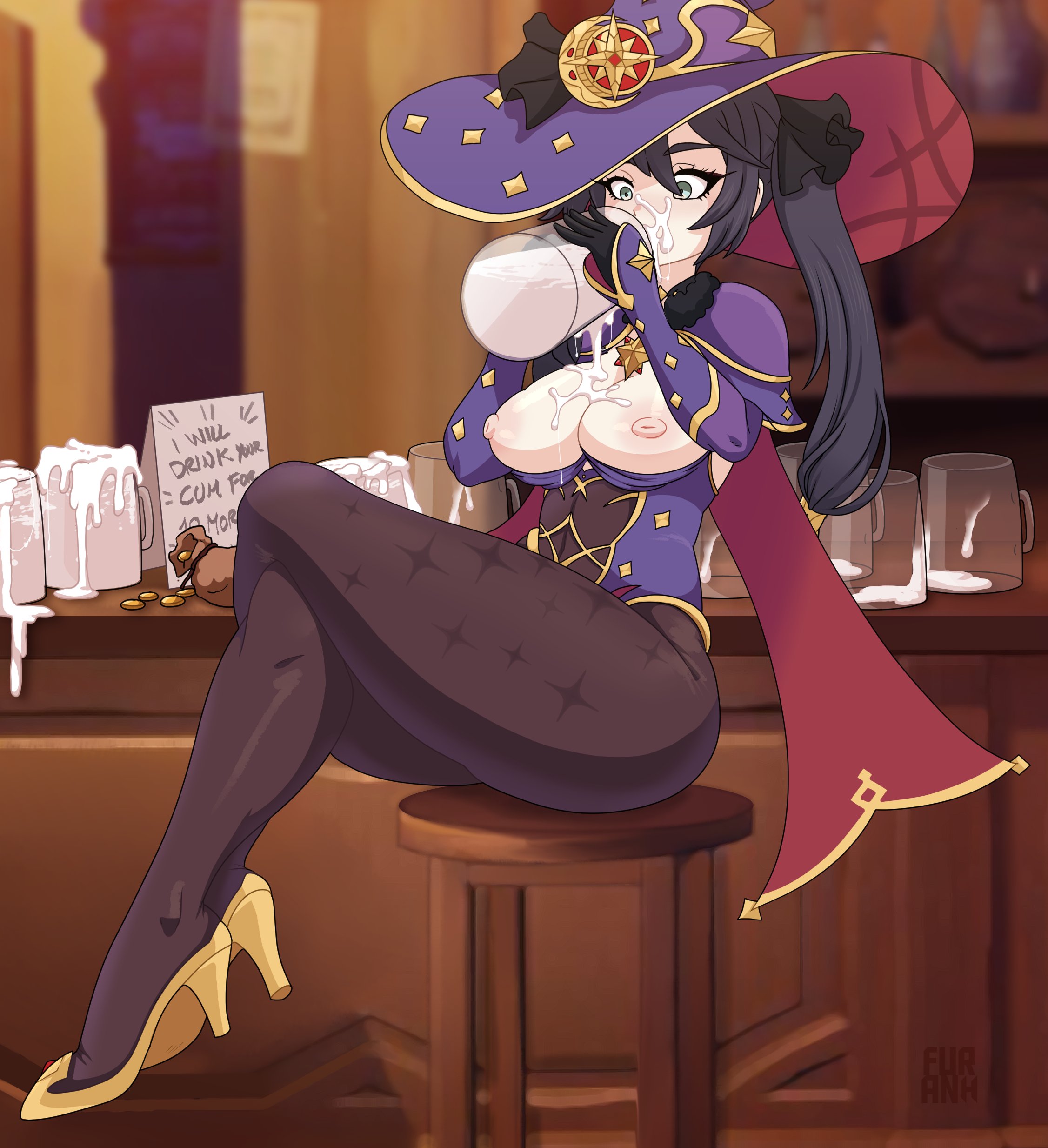 1girls, areolae, breasts, cum in container, drinking cum, female, female only, furanh, genshin impact, gokkun, high heels, legs crossed, mona (genshin impact), nipples, solo