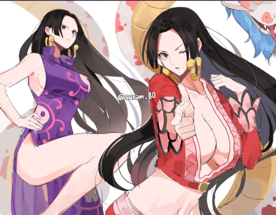 1girls, animal, black hair, black-haired female, boa hancock, breasts, cleavage, dress, female, female only, finger gun, long hair, one piece, revealing, revealing clothes, revealing clothing, revealing dress, revealing outfit, saram 80, sideboob, skinny waist, sleeveless, sleeveless dress, snake earrings, solo, tagme, wink, winking, winking at viewer