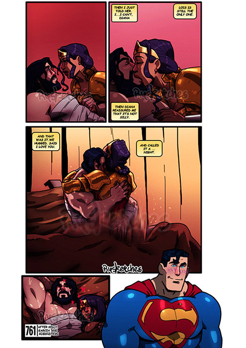 ambiguous penetration, armor, bandages, beard, bed, black hair, blue eyes, blush, clark kent, comic, comic page, cowgirl position, dc, dc comics, diana prince, female, kal-el, kissing, male, rysketches, sex, superhero, superheroine, superman, superman (clark kent), superman (series), sweat, tiara, wonder woman, wonder woman (series)