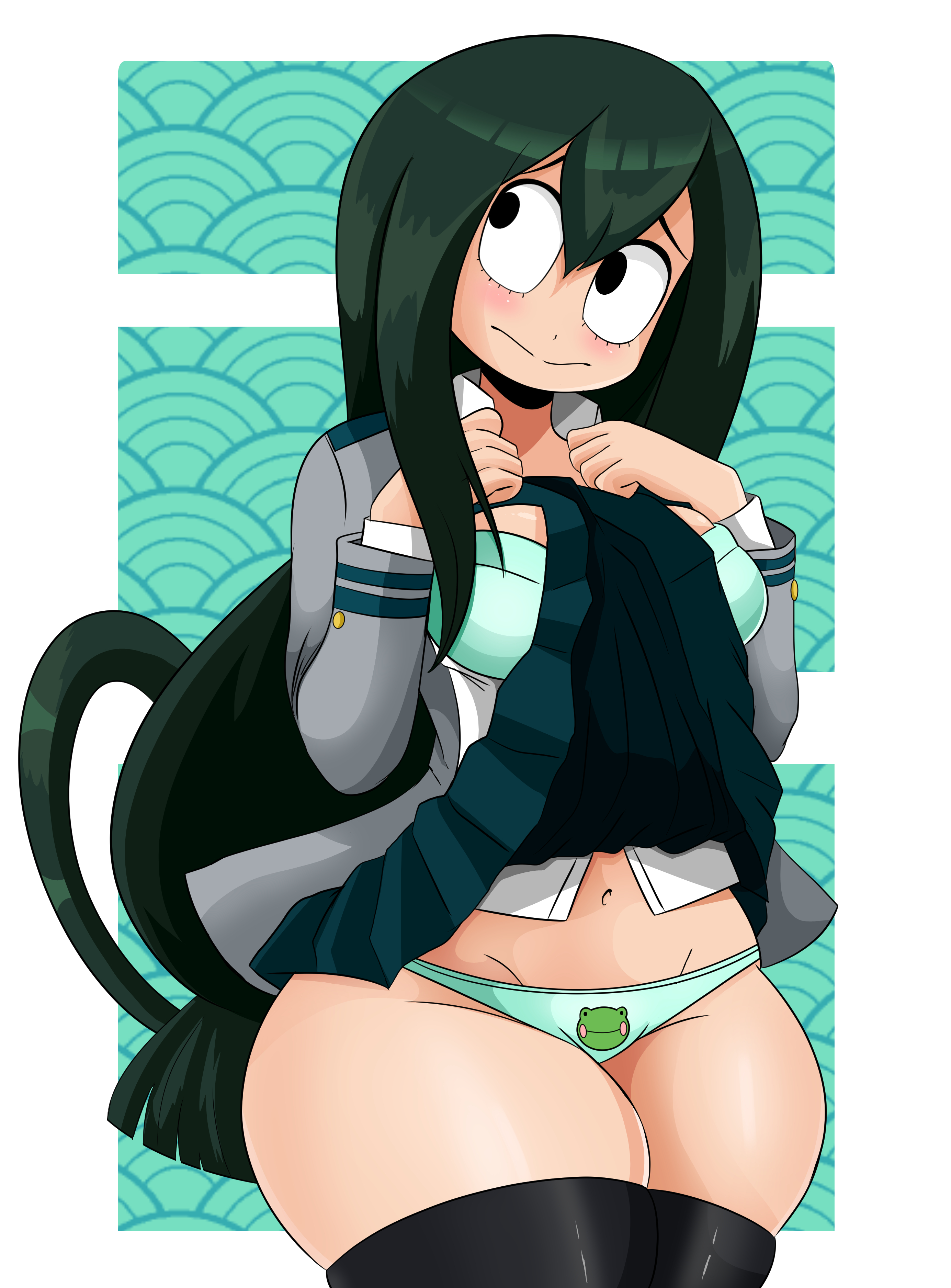 blush, bra, breasts, cleavage, female, frog, looking away, my hero academia, navel, panties, presenting, school uniform, skirt, skirt lift, solo, solo female, sonson-sensei, teenager, thick thighs, thighhighs, tsuyu asui, wide hips