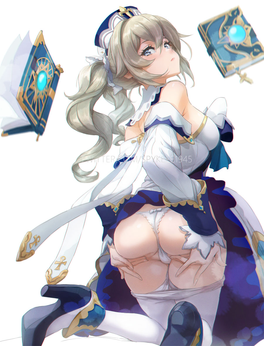 1girls ass ass_focus barbara_(genshin_impact) blonde_hair book bow_panties breasts bubble_ass bubble_butt dress female female_only genshin_impact hat high_heels looking_at_viewer nun panties pantyhose pantyhose_pull spread_ass spykeee twintails underwear white_panties