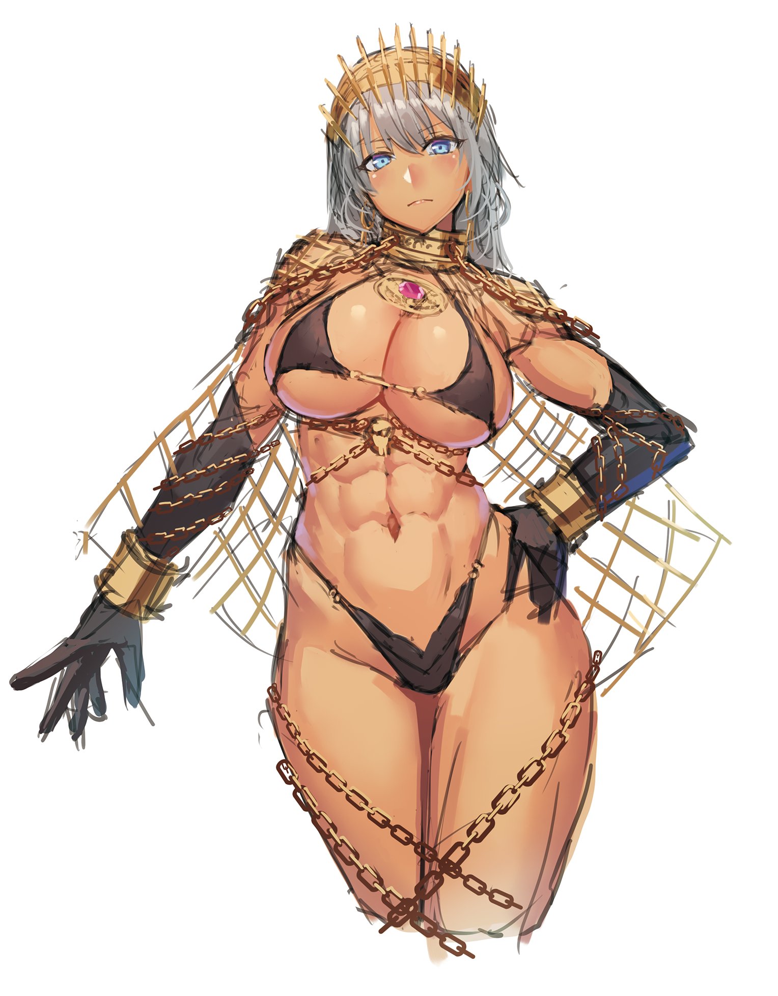 1girls, abs, bangs, bikini, bikini bottom, bikini top, black bikini, blue eyes, blush, breasts, chains, cleavage, collar, crown, elbow gloves, fate (series), fate/grand order, female, female only, grey hair, highleg bikini, jewelry, large breasts, metal collar, navel, ranma (kamenrideroz), revealing clothes, tan skin, white background, zenobia (fate)
