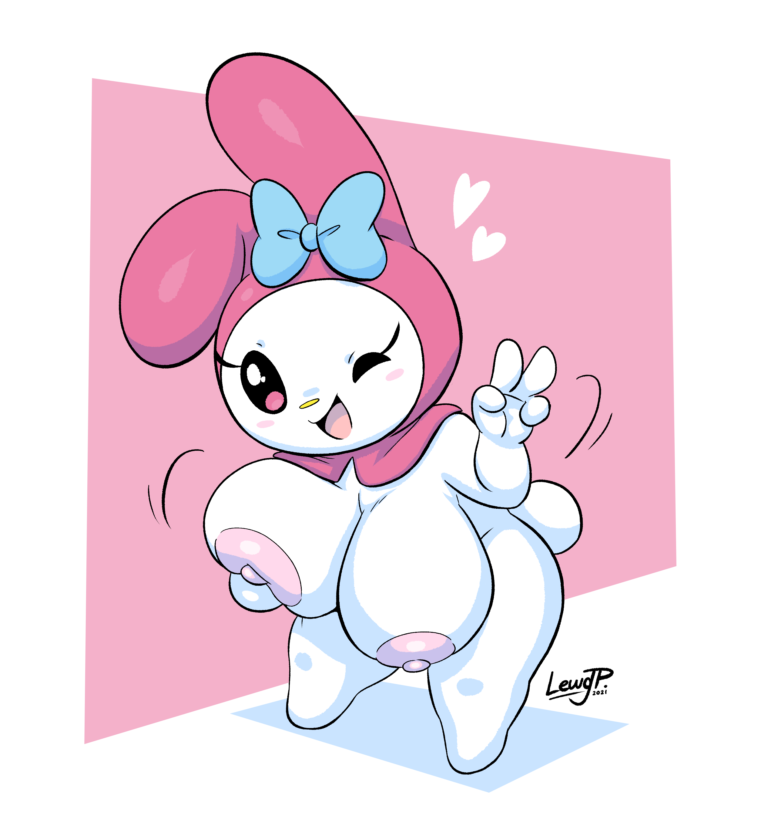 2021, absurd res, anthro, areola, big breasts, breasts, cute, cute face, digital media (artwork), female, female only, fur, furry, furry only, gesture, hi res, joaoppereiraus, lagomorph, leporid, looking at viewer, mammal, my melody, nipples, one eye closed, onegai my melody, open mouth, open smile, rabbit, sanrio, shortstack, signature, smile, solo, solo female, thick thighs, v sign, white body, white skin, wink