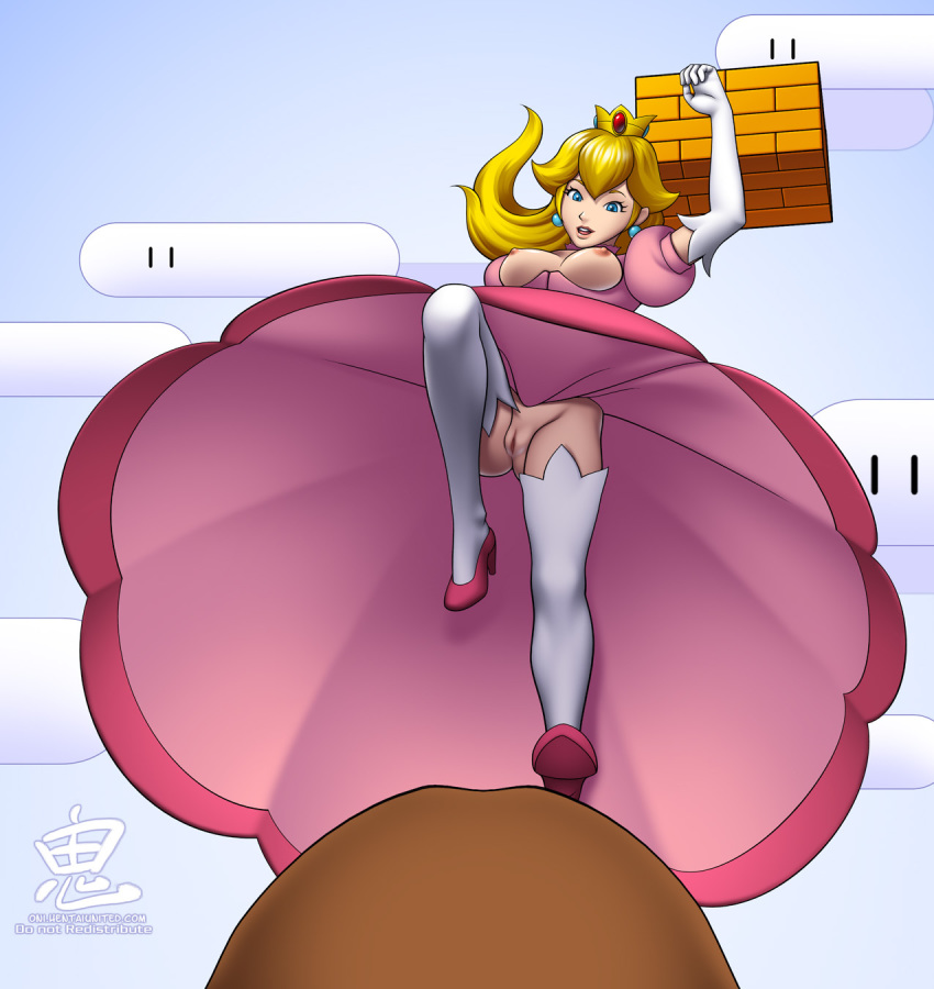 breastless_clothes breasts breasts_out earrings goomba hentaiunited.com mario_(series) nintendo no_panties oni_(artist) pink_dress princess_peach pussy stockings super_mario_bros. uncensored upskirt wind_lift windy_dress