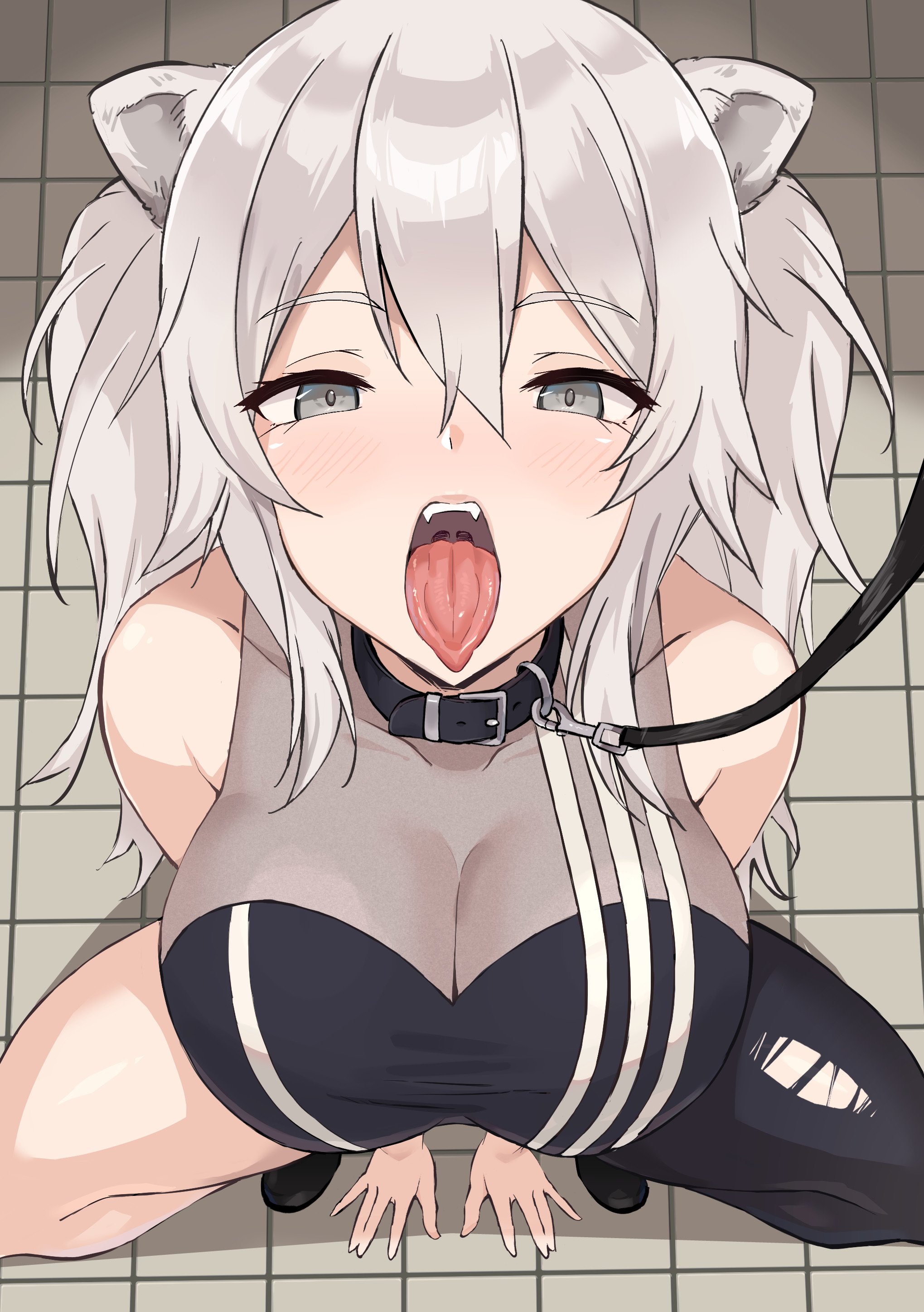 animal ear fluff, animal ears, begging, begging pose, big breasts, breasts, female, grey eyes, grey hair, hololive, hololive gen 5, hololive japan, kemonomimi, large breasts, leash, lion ears, lion girl, looking up, open mouth, petplay, shishiro botan, tamaki (tamakikan), tamakikan, tongue, tongue out, virtual youtuber