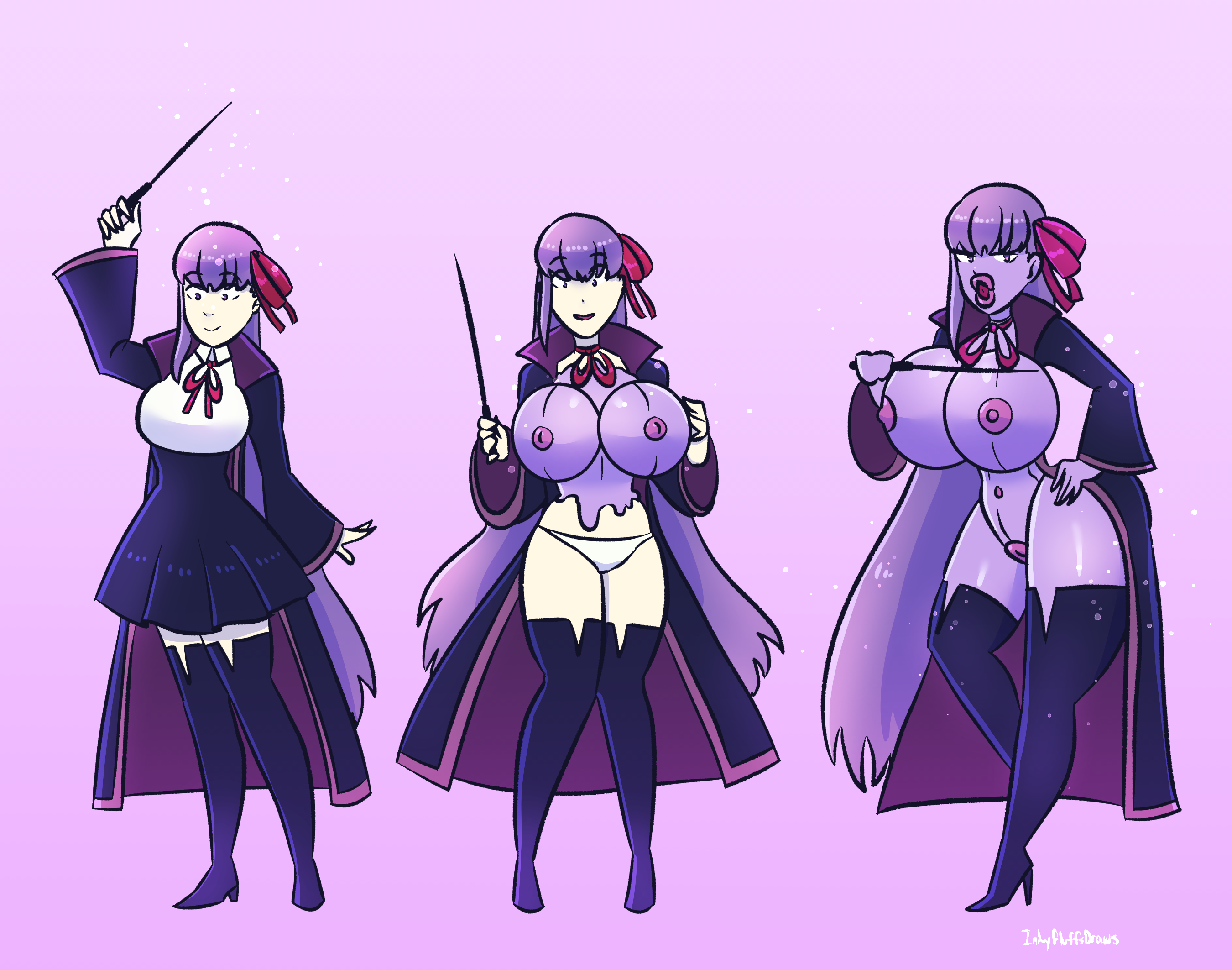 ass, ass expansion, bb (fate), bimbo, bimbofication, breast expansion, breast growth, breast growth (enlargement), breasts, corruption, dollification, fate (series), female, huge ass, huge breasts, inkyfluffdraws, magician, purple skin, rubber, rubber doll, sequence, sex doll, sex doll transformation, transformation, transformation sequence