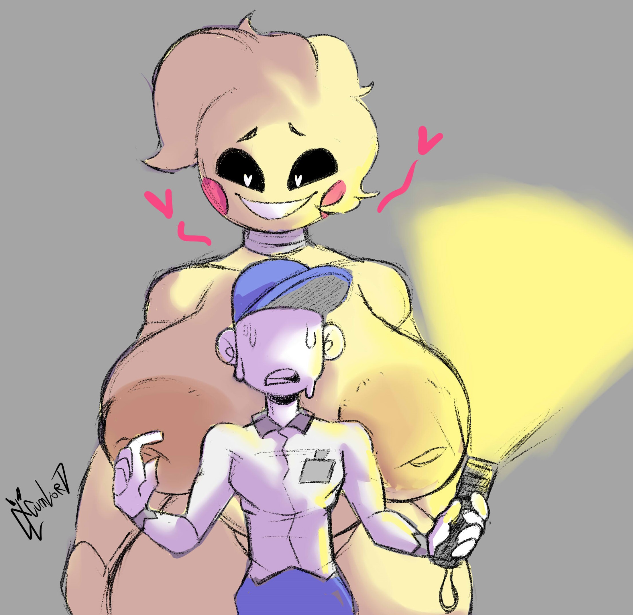 1boy, 1girls, 5 fingers, big penis, black eyes, breasts, bulge, cumlord, cumlord (artist), exposed breasts, female, five nights at freddy's, five nights at freddy's 2, heart-shaped pupils, human, imminent sex, inverted nipples, just coffee, male, naked, nervous, night guard (fnaf), no bra, no panties, penis, smile, smirk, smug, thick thighs, thighs, toy chica (fnaf), voluptuous, white pupils, yandere, yellow body, yellow fur, yellow hair