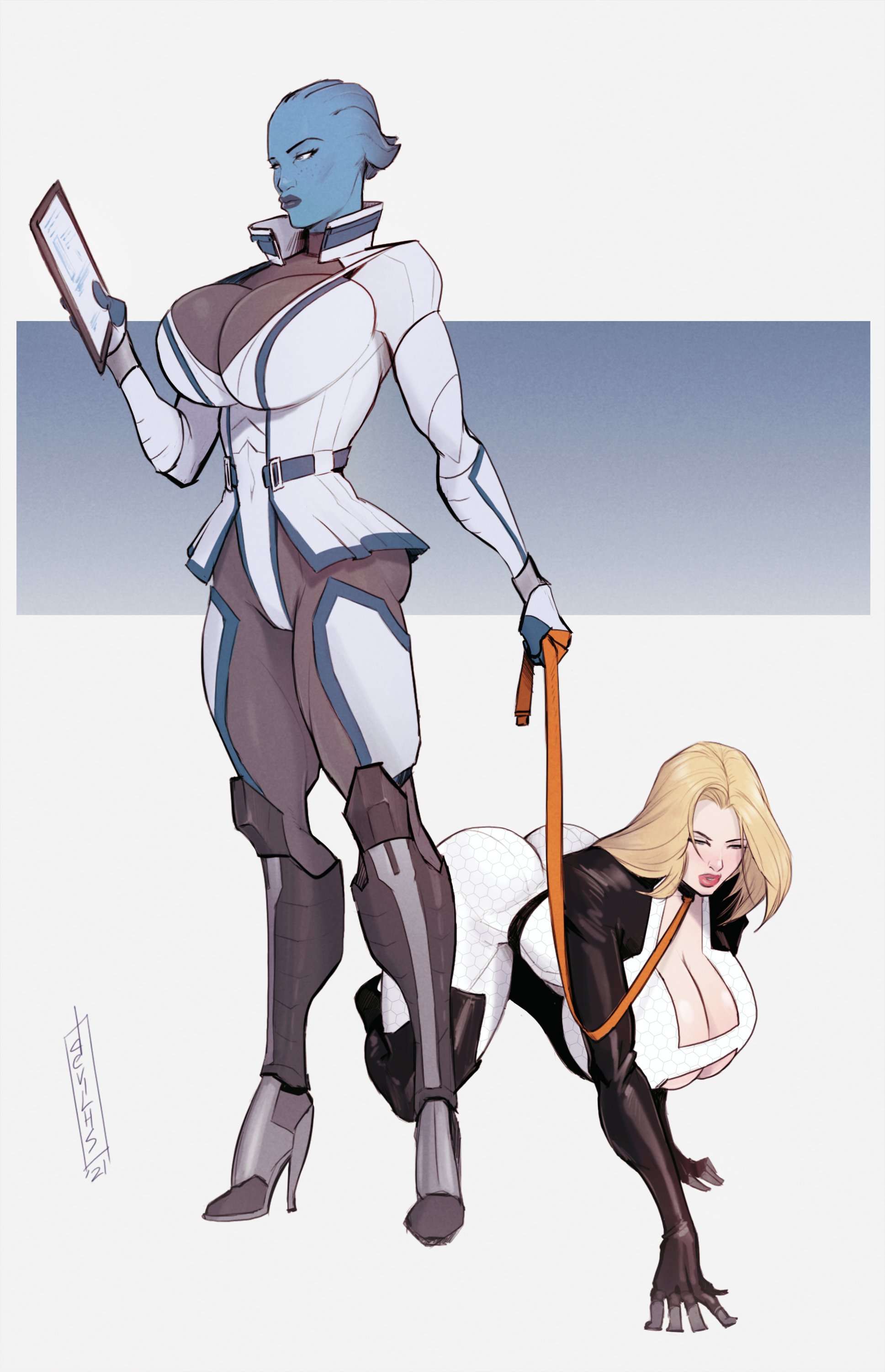 2girls, adapted costume, alternate breast size, asari, ass, bimbo, bitch taken for walk, blonde hair, blush, bodysuit, breasts, bursting breasts, cleavage, devil hs, female, female only, femdom, femsub, high heels, huge ass, huge breasts, leash, liara t'soni, long hair, mass effect, miranda lawson, multiple females, multiple girls, short hair, stiletto heels, thick thighs, thighhighs, tight clothing, very high heels