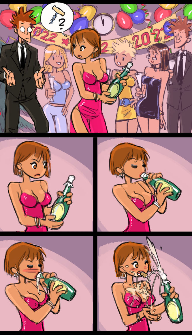 au (artist), boli-blog, breasts, bukkake, champagne, comic, female, nipples visible through clothing, sucking