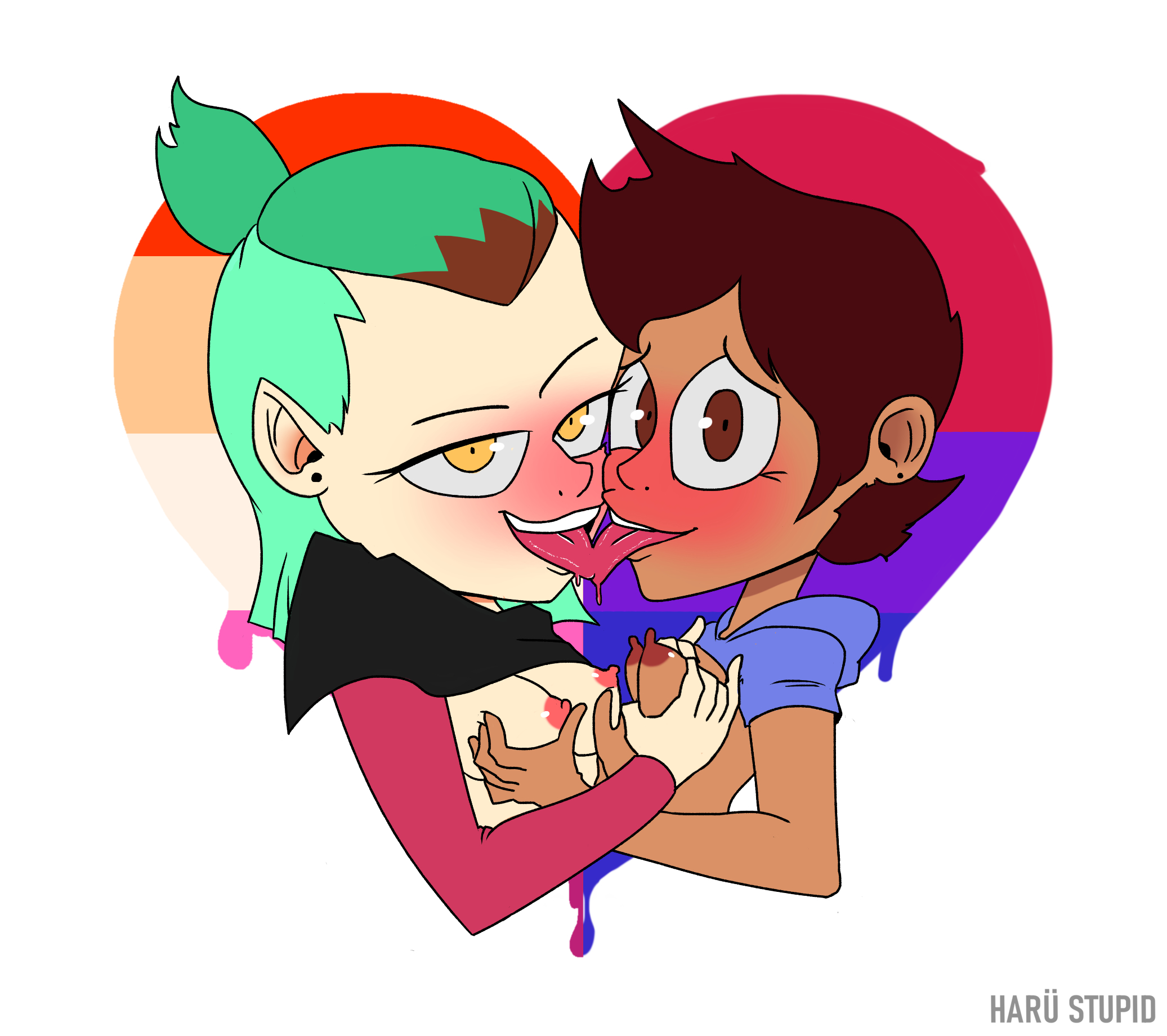 2girls, amity blight, bisexual, brown hair, canon couple, dark skin, disney, disney channel, dominican, female, female only, green hair, hispanic, human, humanoid, interracial, interracial yuri, latina, lesbian, luz noceda, multiple females, multiple girls, nipples, pale skin, straight hair, the owl house, tongue kiss, witch, yuri