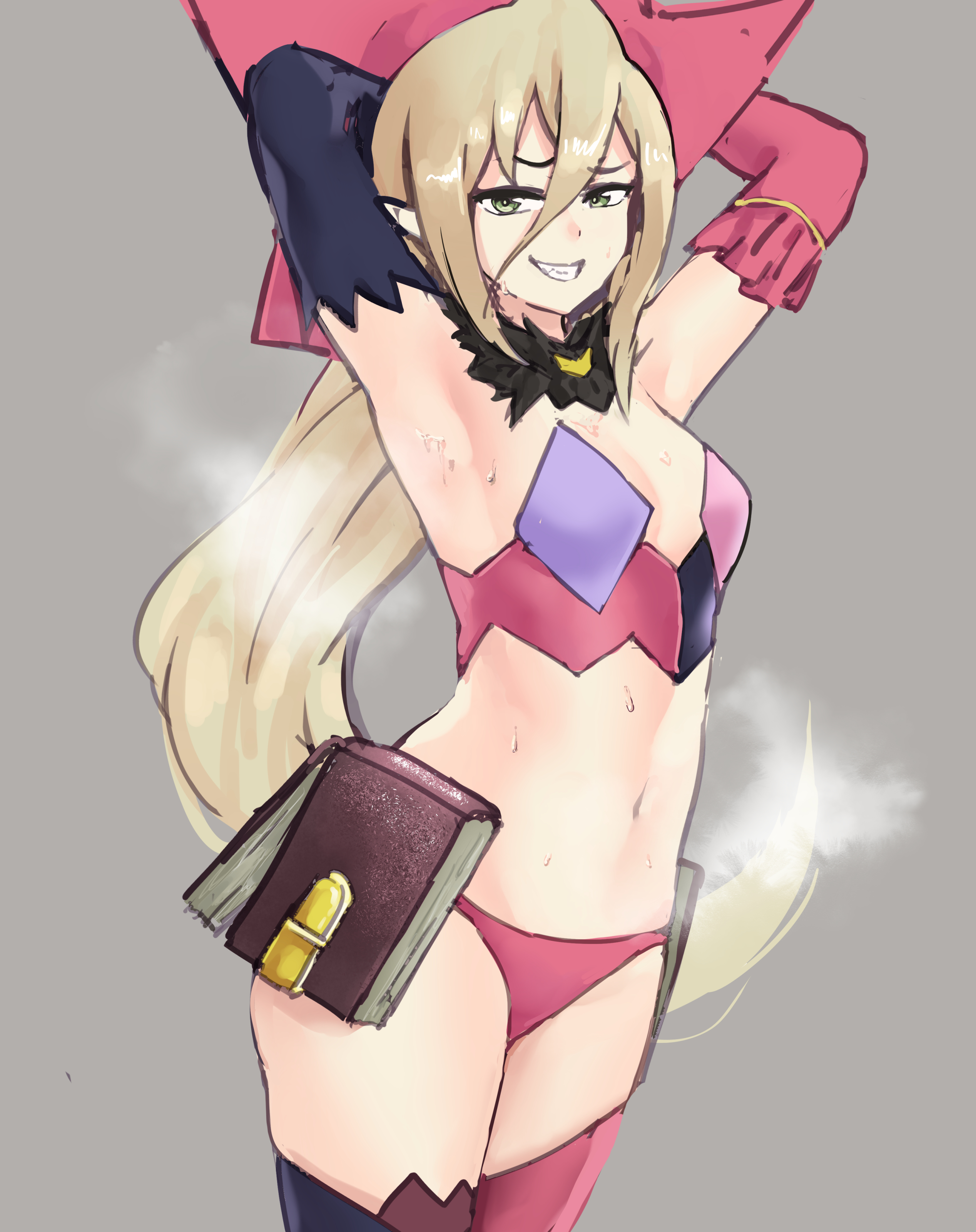 1girls, armpit fetish, armpits, arms behind head, breasts, cleavage, confident smile, female, female only, grey background, grin, looking at viewer, lower teeth, magilou (tales), midriff, musk, naughty face, navel, pose, posing, sensual, sexy armpits, shaved armpit, simple background, small breasts, smell, smile, solo, sweat, tales of (series), tales of berseria, upper teeth, very long hair, yotahen