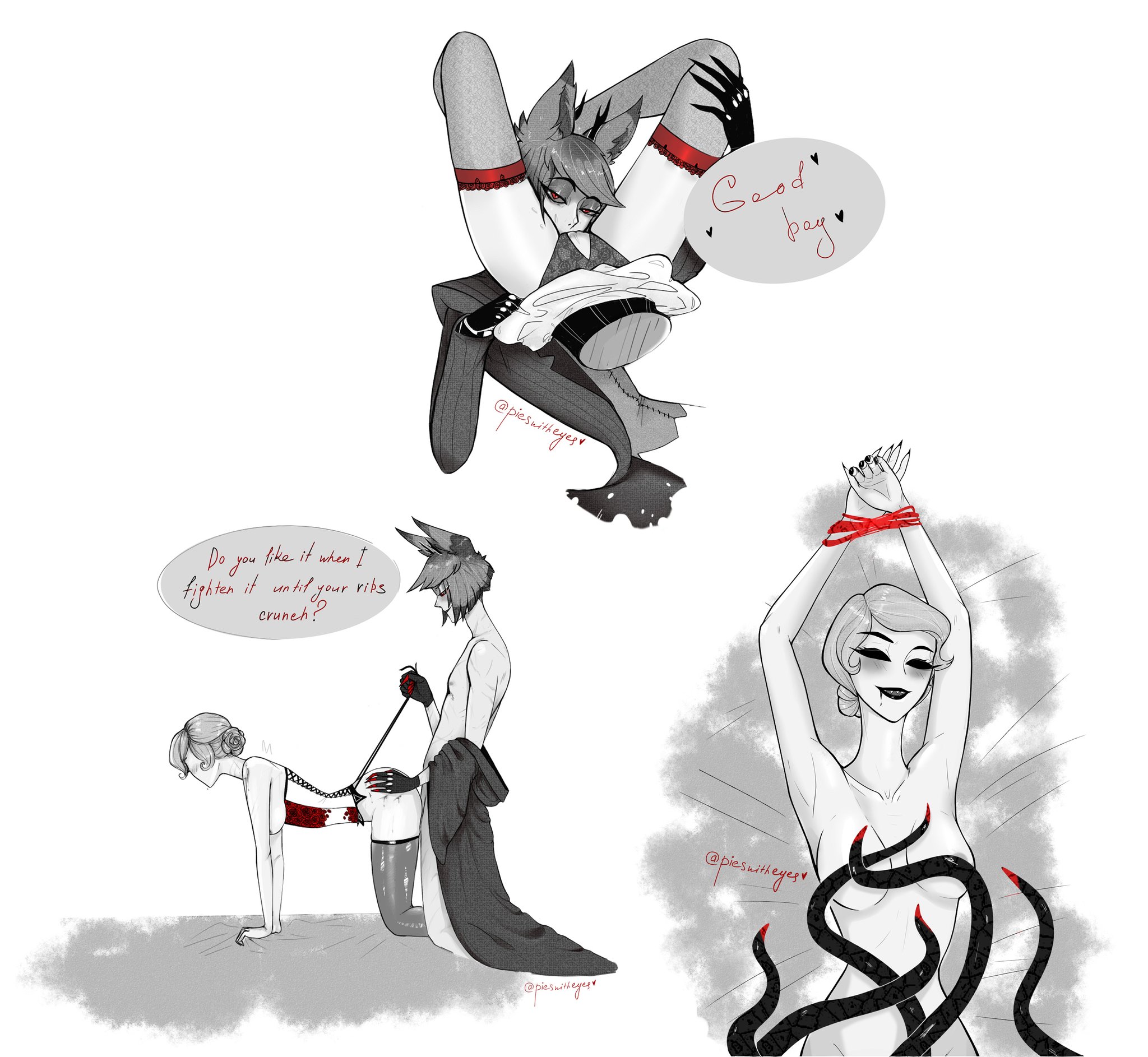 alastor (hazbin hotel), alterrora, breasts, clothed, clothing, cunnilingus, deer, demon, doggy style, duo, female, female penetrated, first porn of character, hair, hazbin hotel, horns, humanoid, male, male penetrating, male/female, open mouth, open smile, oral, partially clothed, penetration, pieswitheyes, pleasure face, red eyes, rosie (hazbin hotel), sex, simple background, smile, smooth skin, straight, tentacle, white background