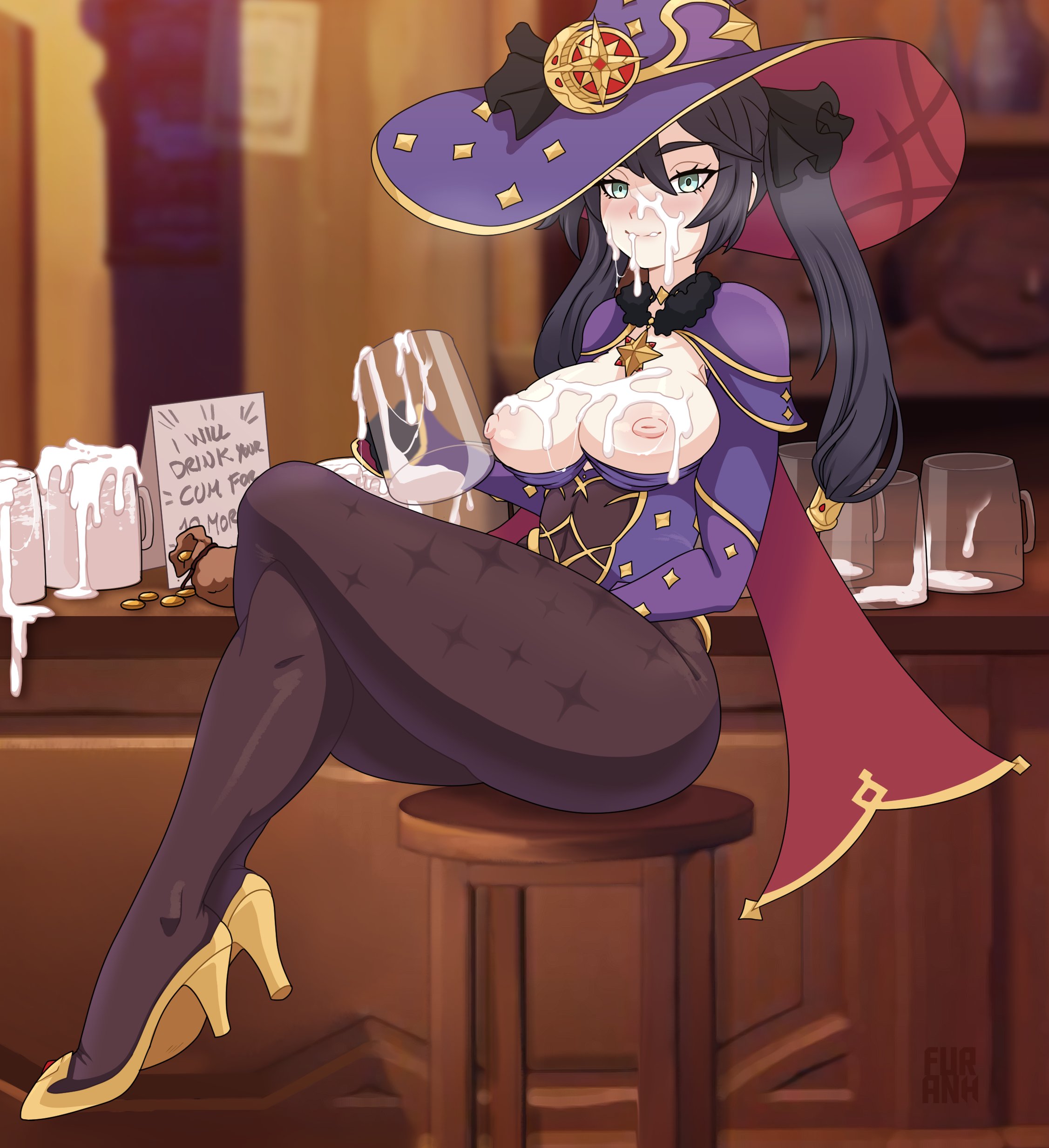 1girls, areolae, breasts, clothed, cum in container, cum on breasts, cum on face, drinking cum, female, female only, furanh, genshin impact, high heels, mona (genshin impact), money, nipples, solo