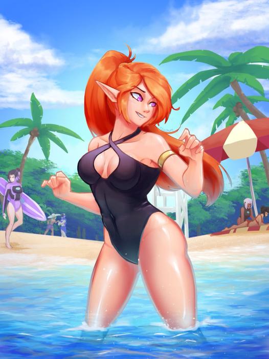 archery artemis_(brawlhalla) beach brawlhalla diana_(brawlhalla) ember_(brawlhalla) mordex_(brawlhalla) nix_(brawlhalla) orange_hair purple_eyes small_breasts tekona val_(brawlhalla)