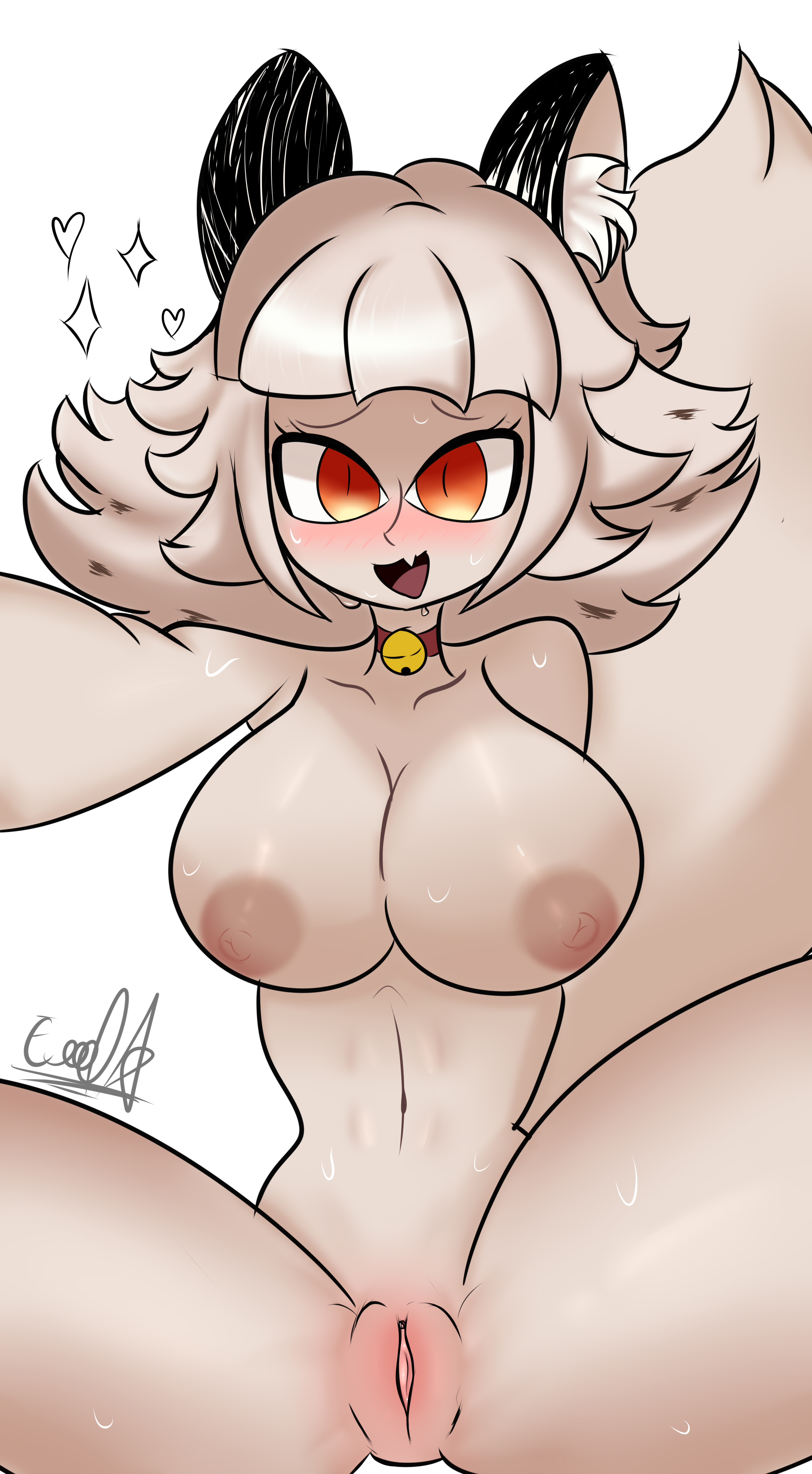 1girls, bell, big breasts, breasts, cat ears, cat girl, cat tail, catgirl, catmaid (dizzyspells), collar, dizzyspells, female, female only, furry, huge breasts, humanoid, m300art, nude, nude female, pussy, solo, solo female, thick thighs, white body, white hair, white skin