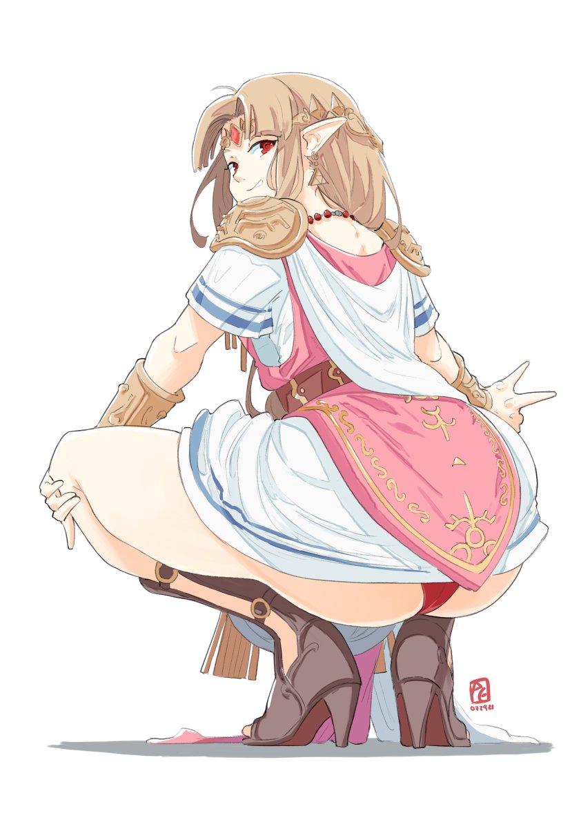 1girls, 2021, 2d, 2d (artwork), a link between worlds, a link to the past, artist signature, ass, ass cleavage, automatic giraffe, big ass, blonde hair, broly culo, clothed, clothed female, female, female only, fully clothed, grin, huge ass, human, human only, light skin, light-skinned female, looking at viewer, looking back, meme, panties, pantyshot, pantyshot (squatting), pointy ears, presenting ass, presenting hindquarters, princess zelda, questionable, red eyes, red panties, royalty, shoulder armor, shoulder pads, smile, smiling at viewer, smirk, solo, solo female, squatting, the legend of zelda, upskirt, v, zelda (a link between worlds), zelda (a link to the past)