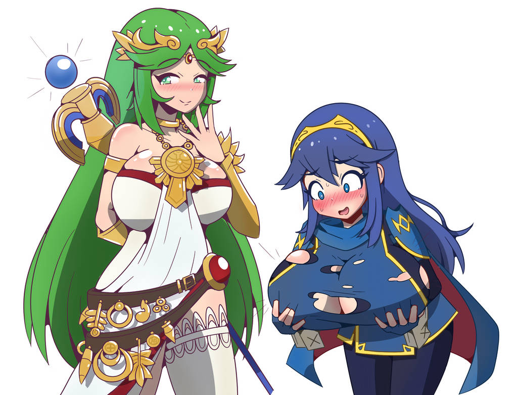 2girls, blue eyes, blue hair, blush, breast expansion, breast growth, breast growth (enlargement), breasts, cleavage, colored, colored edit, colorized, crossover, embarrassed, female, female only, fire emblem, fire emblem awakening, green eyes, green hair, huge breasts, inksgirls, ivelacia, kid icarus, lucina (fire emblem), mischievous, mischievous smile, nintendo, palutena, skindentation, super smash bros., sweat, torn clothing, wardrobe malfunction