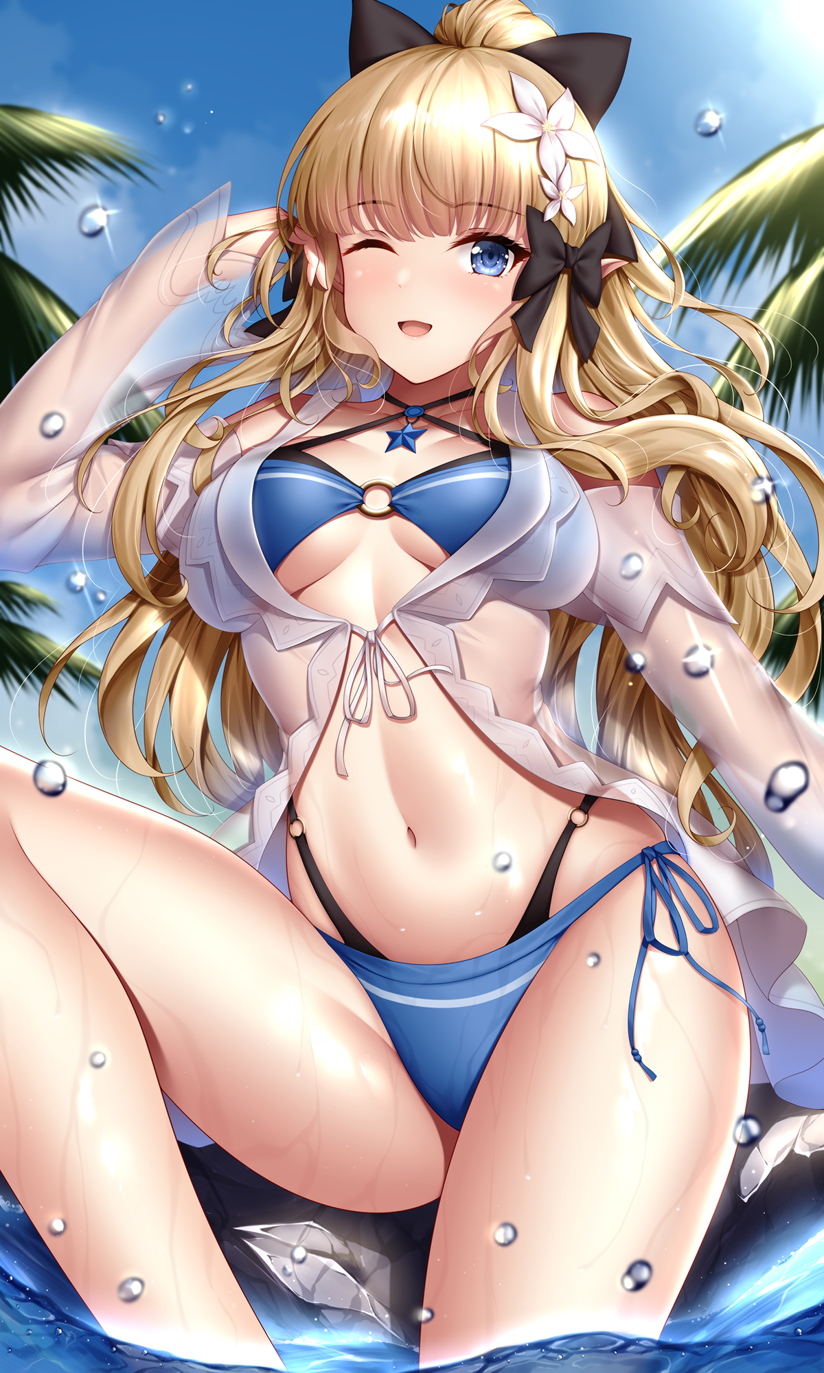 1girls, blonde hair, blue eyes, blue swimsuit, blush, breasts, female, female only, hair ornament, hair ribbon, long hair, looking at viewer, navel, one eye closed, princess connect!, princess connect! re:dive, saren (princess connect!), swimsuit, thighs, wet skin, wsman