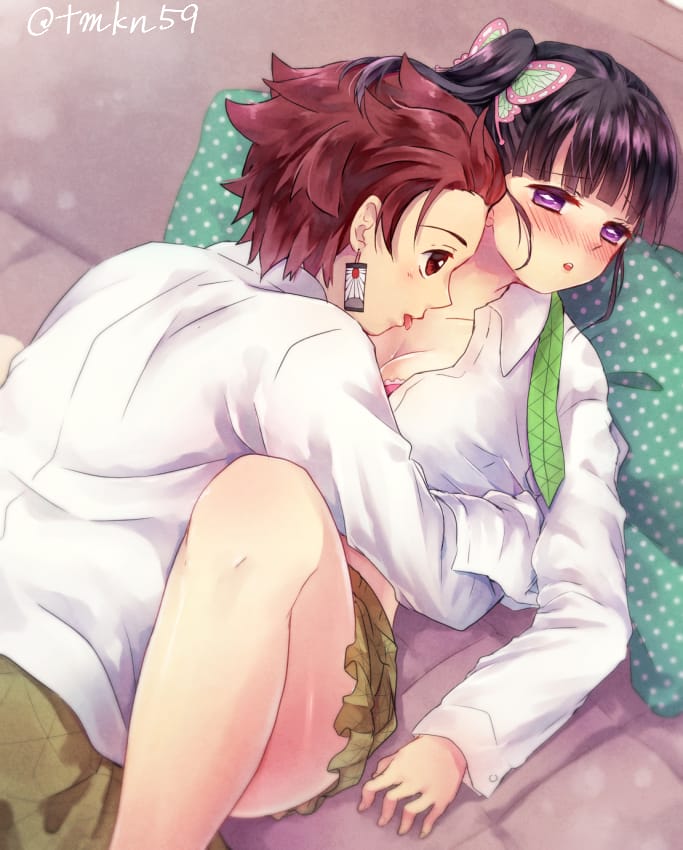 1boy 1girls alternate_universe blush butterfly_hair_ornament clothed demon_slayer female hug kamado_tanjirou kimetsu_no_yaiba licking looking_pleasured male missionary_position modern_au ponytail school_uniform shirogane_reto side_ponytail tsuyuri_kanao