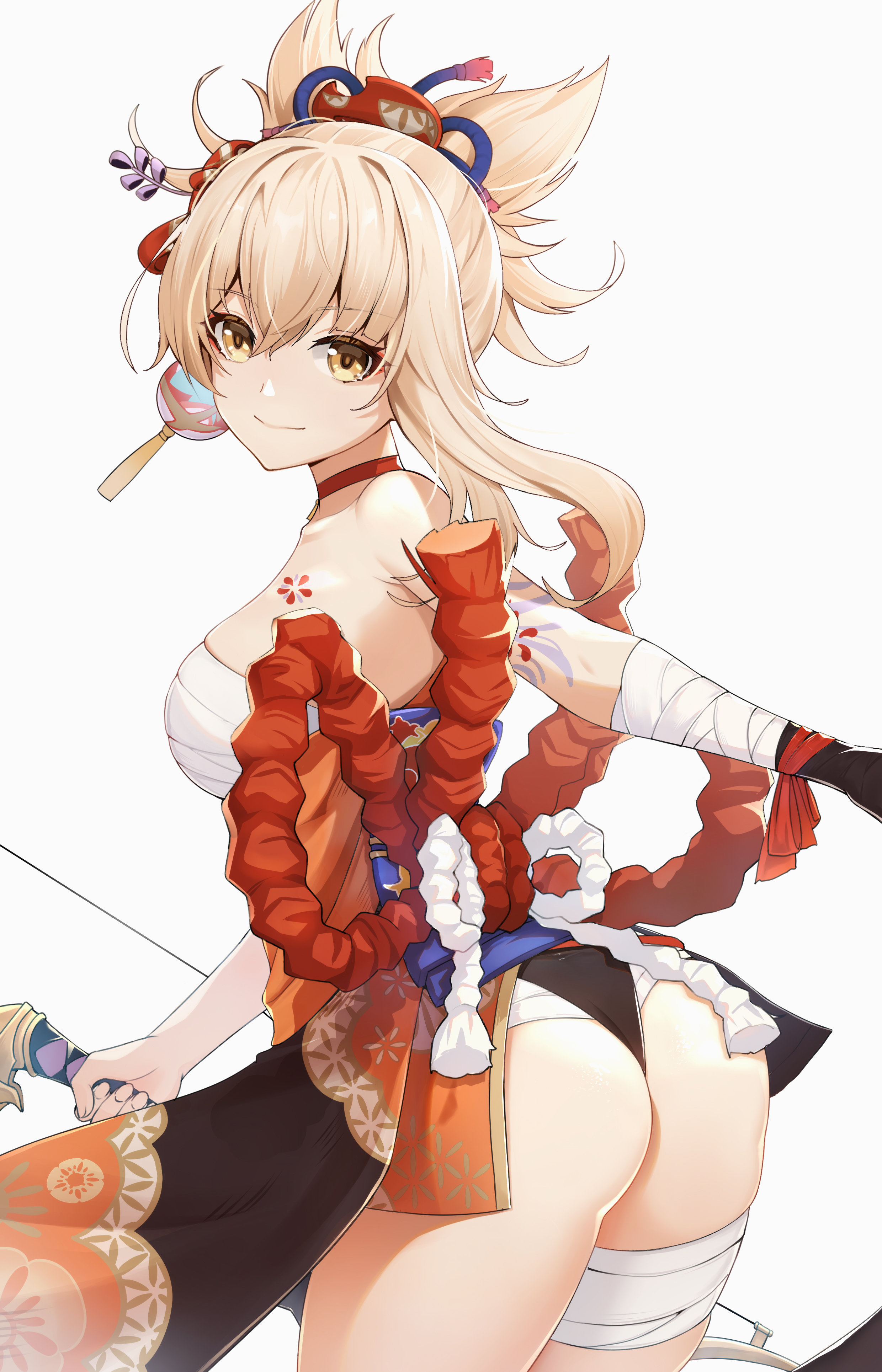 1girls, ass, bandages, black panties, blonde hair, breasts, choker, clothed, clothing, female, genshin impact, hi res, human, japanese clothes, kimono, looking at viewer, medium breasts, panties, sarashi, shimenawa, smile, tattoo, underwear, yellow eyes, yoimiya (genshin impact)