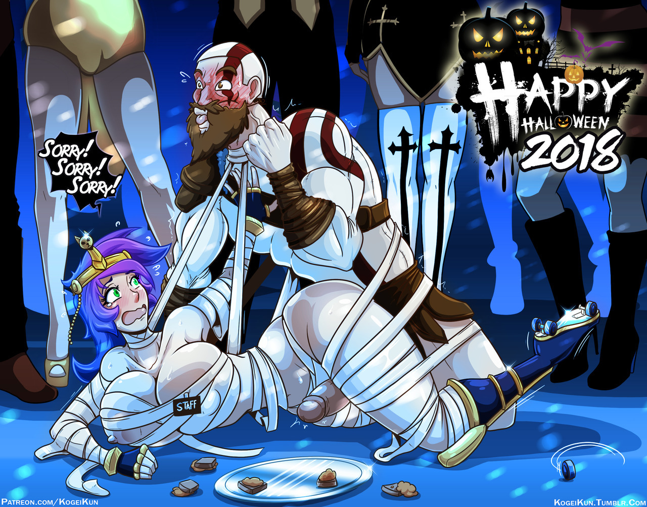 breasts, cosplay, female, kogeikun, kratos, large breasts, male, mummy, purple hair, sex, thick thighs, thigh sex, wendolin