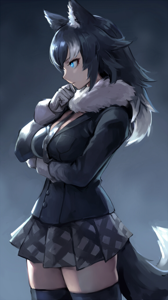 animal_ears anthropomorphization black_hair black_jacket black_legwear black_outerwear blazer blue_eyes breast_hold breasts buttons closed_mouth collar_(clothes) cowboy_shot expressionless female fur fur_collar fur_trim gloves glowing glowing_eye glowing_eyes gray_wolf grey_wolf_(kemono_friends) hand_to_own_mouth in_profile jacket kemono_friends large_breasts long_hair long_sleeves looking_away multicolored_hair necktie oopartz_yang pleated_skirt skirt solo tail thighhighs two-tone_hair white_gloves white_hair white_handwear wolf_ears wolf_tail