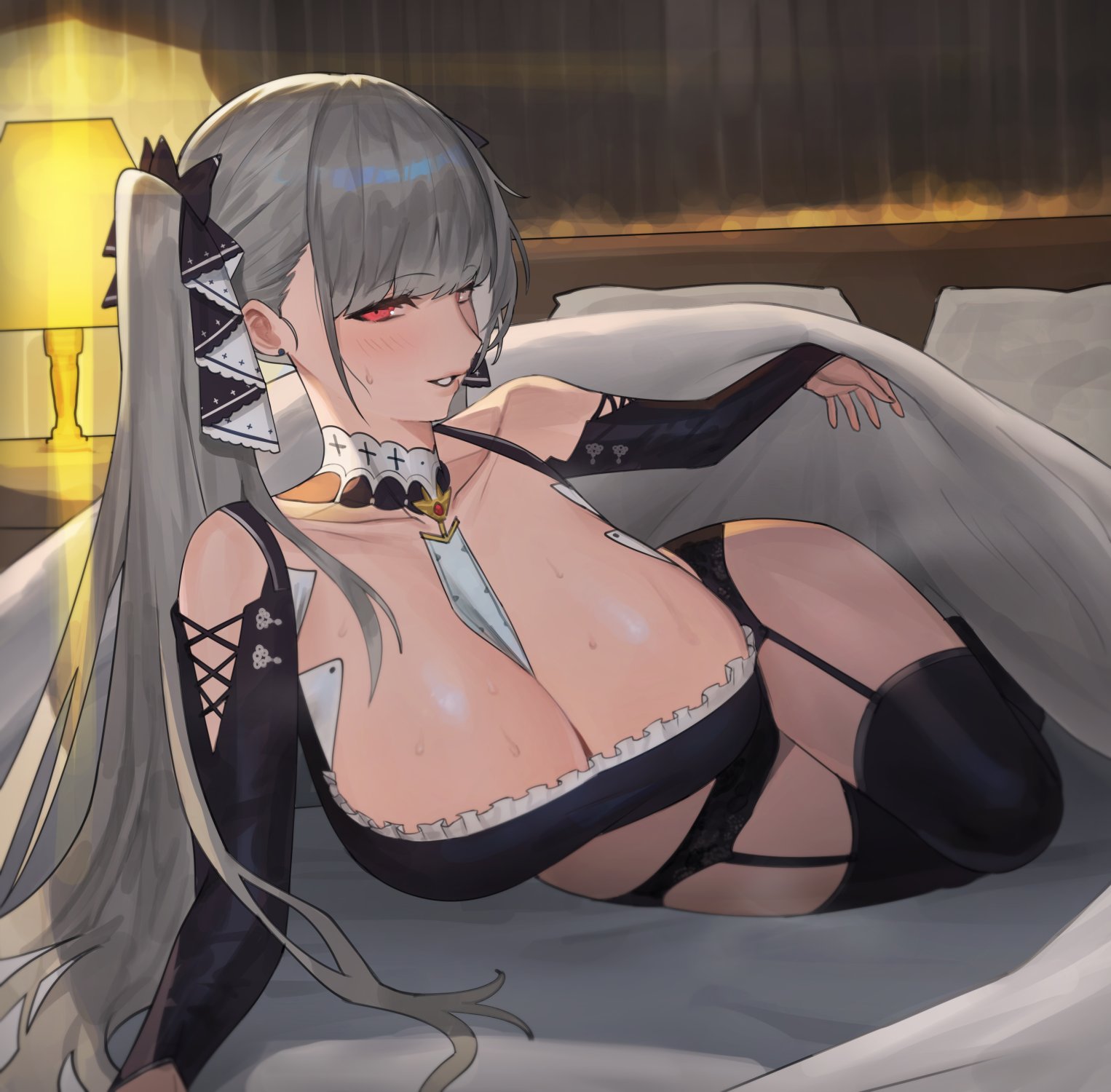 1girls, azur lane, bed, big breasts, blanket, breasts, cleavage, clothed, clothing, female, female only, formidable (azur lane), garter belt, garter straps, grey hair, hood x art, human, light skin, light-skinned female, lingerie, pale skin, partially clothed, solo, sweat, thighhighs, twintails, under covers, white hair