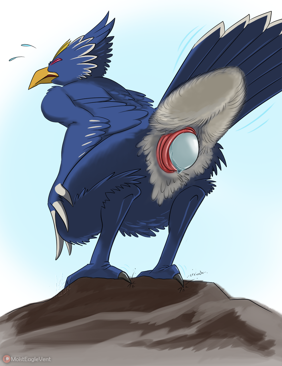 ambiguous_gender animal_genitalia anthro avian beak bird bird_feet blue_body blue_feathers bodily_fluids breath_of_the_wild claws cloaca closed_eyes egg egg_laying feathered_wings feathers genitals hi_res moisteaglevent nintendo revali rito solo solo_male straining sweat sweatdrop tail_feathers the_legend_of_zelda video_games winged_arms wings