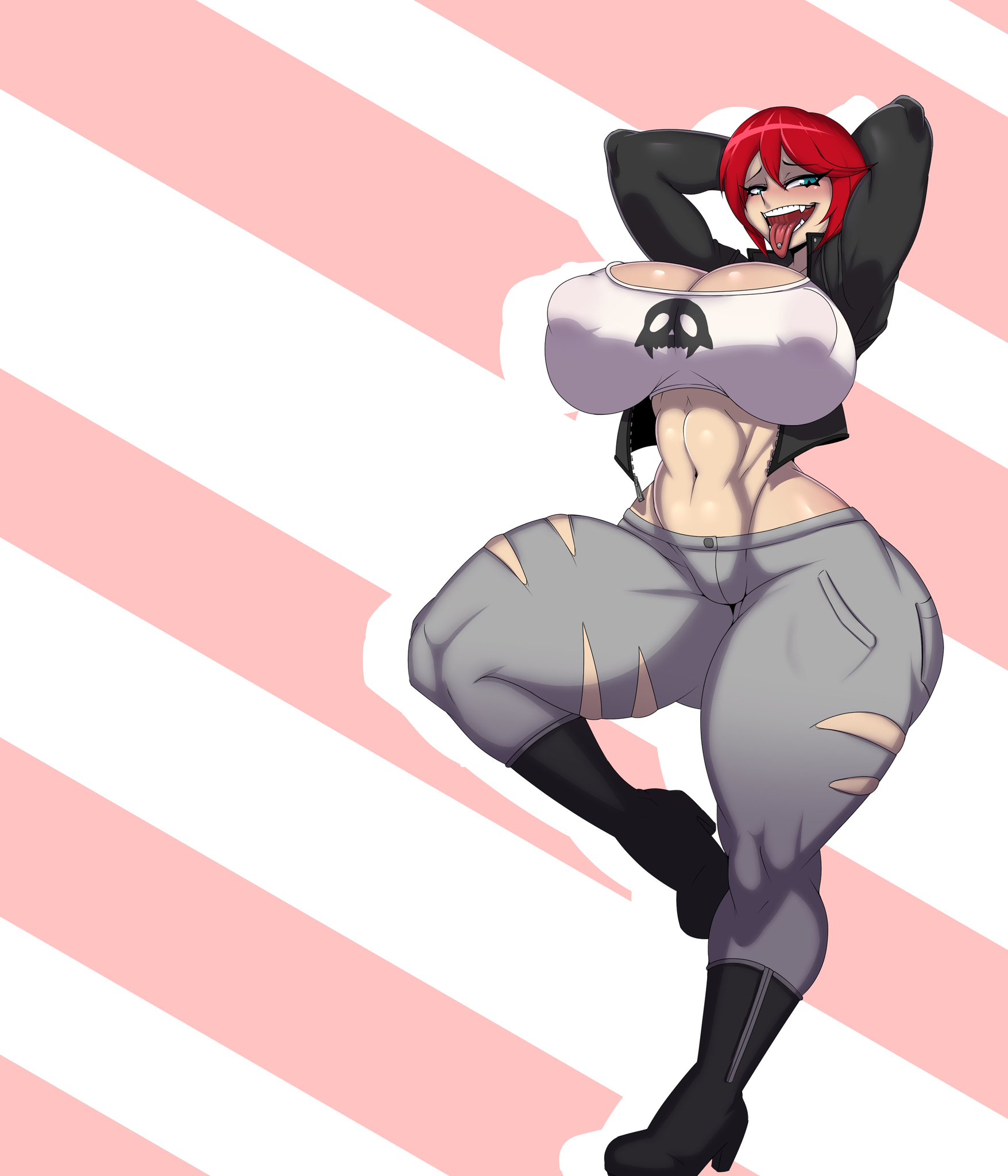 1girls, abs, arms behind back, arms behind head, arms up, ass, ber00, big breasts, black boots, black jacket, boots, breasts, cleavage, female, female only, huge breasts, jacket, large ass, large breasts, looking at viewer, red hair, ripped clothes, ripped clothing, roswitha, seductive, seductive smile, shirt, showing off, skull, smile, smug, solo, tagme, teeth, tongue, tongue out, torn clothes