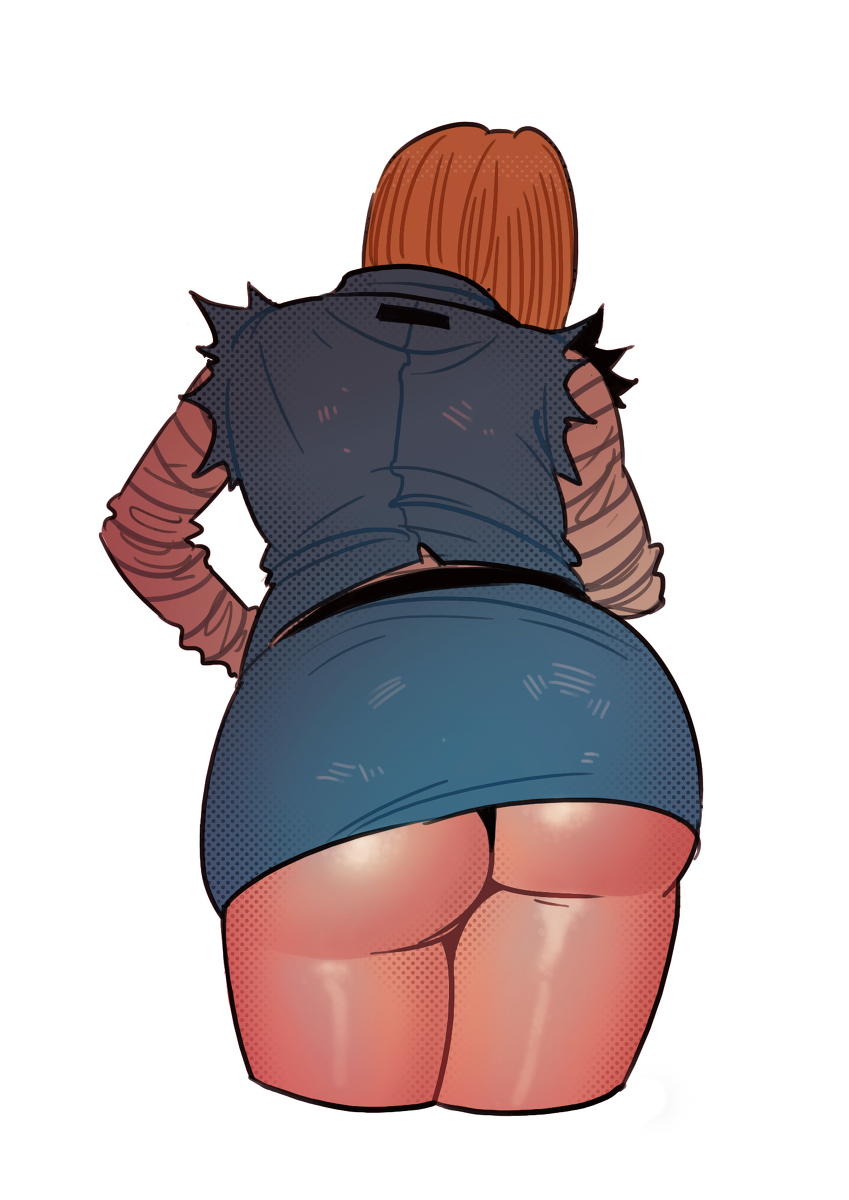 android 18, ass, ass crack, backview, big ass, blonde hair, butt crack, dragon ball, female, miniskirt, revealing clothes