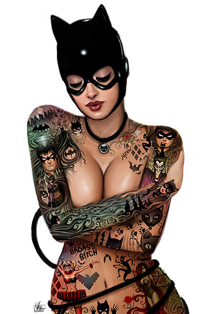 1girls arms_crossed batman_(series) big_breasts bust catwoman dc dc_comics female female_only nathan_szerdy nude red_lipstick solo tattooed_arm tattoos topless_female