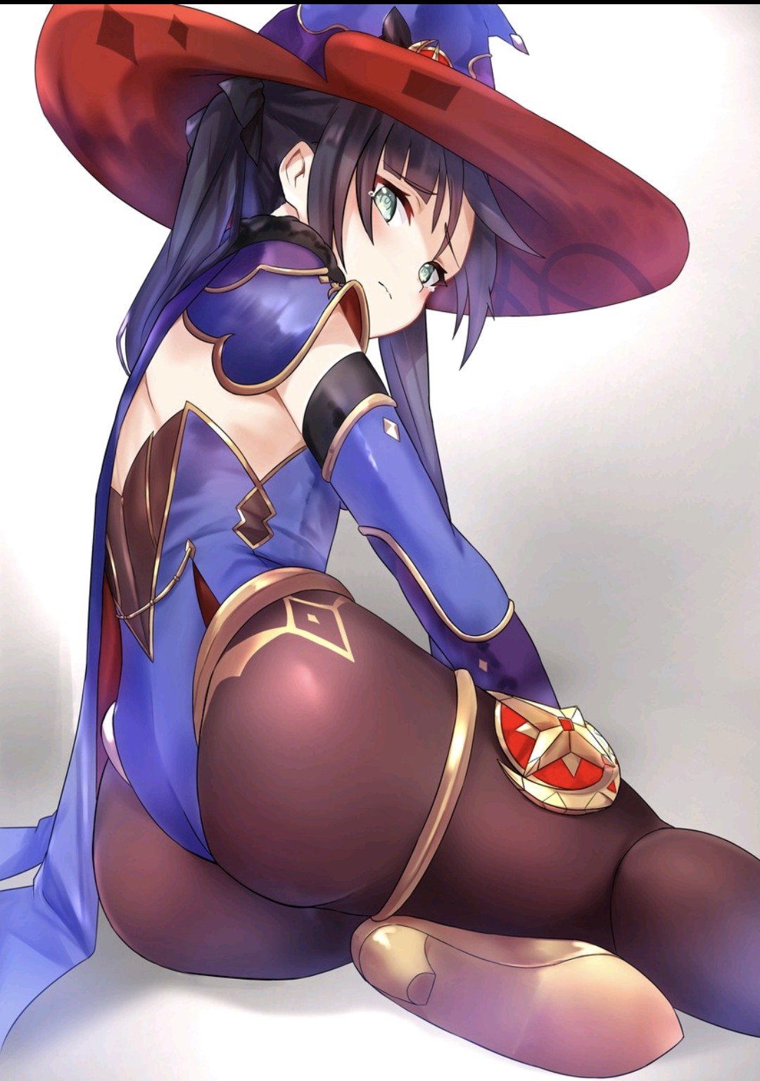 1girls, aqua eyes, ass, black hair, breasts, clothed, clothing, female, genshin impact, hat, looking at viewer, looking back, mona (genshin impact), on floor, sideboob, solo, twintails, white skin