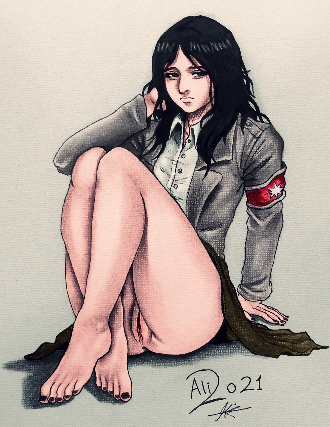 1girls, artist request, attack on titan, bottomless, crossed ankles, eldian armband, eldian flag, emotionless, empty eyes, expressionless, female, female focus, female only, female soldier, marley military uniform, pieck finger, pussy, shingeki no kyojin, solo female, source request, tagme