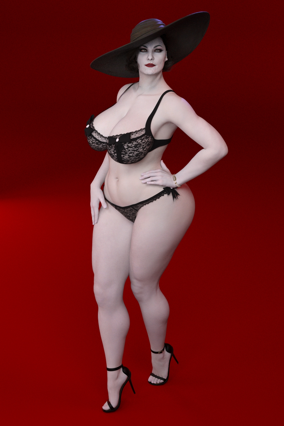 1girls 3d alcina_dimitrescu ass black_panties black_thong black_underwear bra breasts capcom daz_studio female female_only hat high_heels huge_ass huge_breasts iray lace-trimmed_bra lace-trimmed_panties lace_panties lace_thong lace_trimmed_lingerie lace_underwear leftent mature_female milf panties resident_evil resident_evil_8:_village solo tall_female thong thong_panties thong_underwear underwear vampire video_games wide_hips