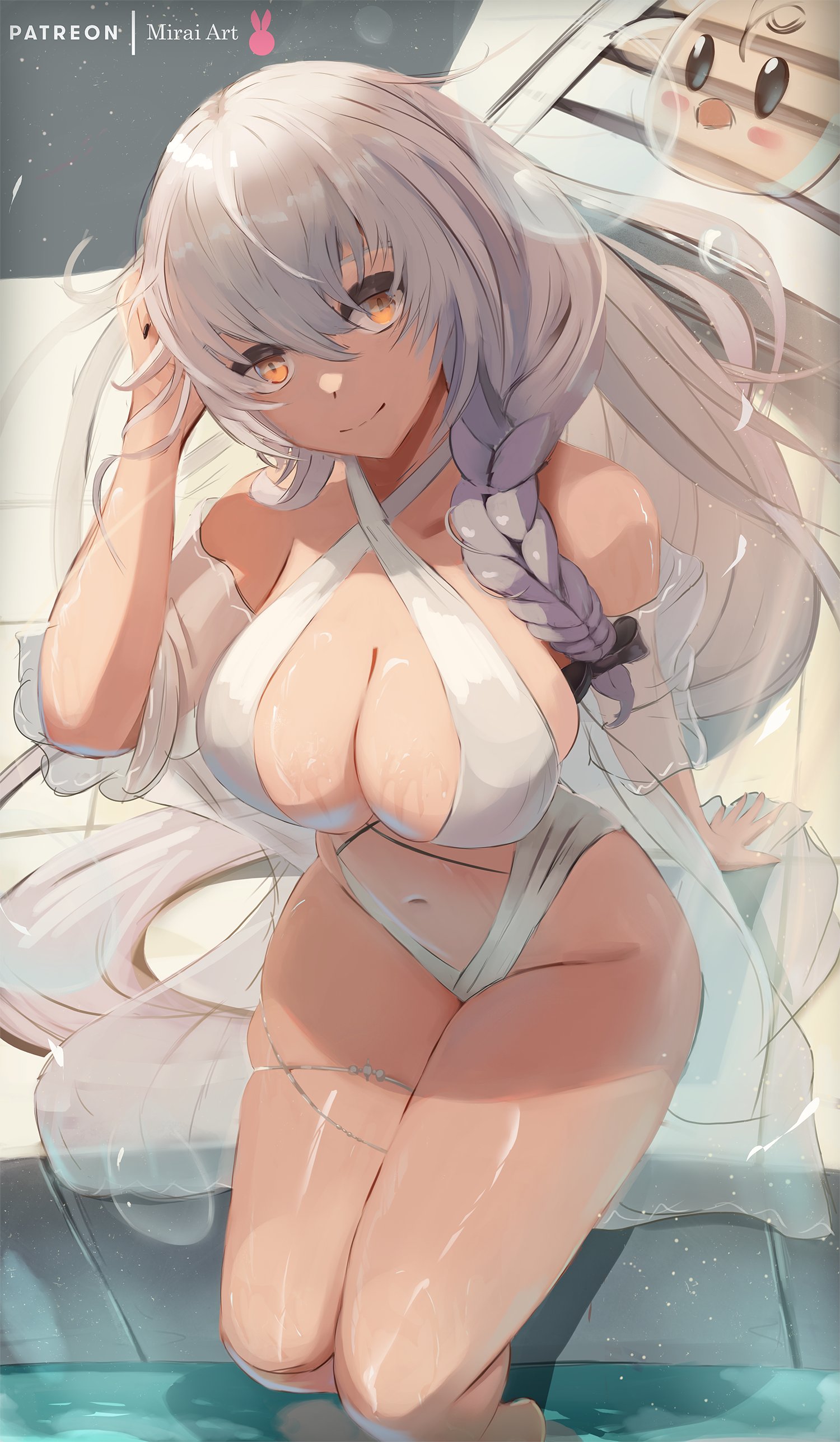 1girls, 2021, azur lane, bare legs, belly button, bow, bow in hair, braid, braided hair, breasts, exposed shoulders, feet in water, feet out of frame, female, female focus, female only, hand in hair, hermione (azur lane), hi res, hips, huge breasts, long hair, looking at viewer, miraihikari, one-piece swimsuit, pool, poolside, shiny skin, skindentation, smile, smiling at viewer, solo focus, swimsuit, thick thighs, thighs, wet, white hair, wide hips, yellow eyes