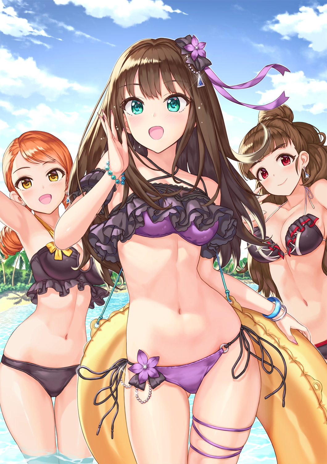 3girls :d adapted_costume bangs bare_shoulders beach bikini black_bikini black_swimsuit blue_sky blunt_bangs blush braid breasts brown_eyes brown_hair clavicle cleavage cloud cowboy_shot day earrings eyebrows eyebrows_visible_through_hair female flower frilled_bikini frilled_swimsuit frills glint green_eyes groin group hair_bun hair_ornament hand_up happy hhama high_resolution houjou_karen idol_unit_(the_idolm@ster_cinderella_girls) idolmaster idolmaster_cinderella_girls jewelry kamiya_nao long_hair looking_at_viewer medium_breasts multiple_girls nail_polish navel o-ring o-ring_bottom one_arm_up open-mouth_smile open_mouth orange_hair outdoors partially_submerged pixiv_id_1128428 ponytail purple_bikini red_eyes ribbon shibuya_rin sidelocks skindentation sky smile standing stomach summer swimsuit tagme thick_eyebrows thigh_strap thighs tied_hair tree triad_primus trio twintails wading water water_float wet yellow_eyes