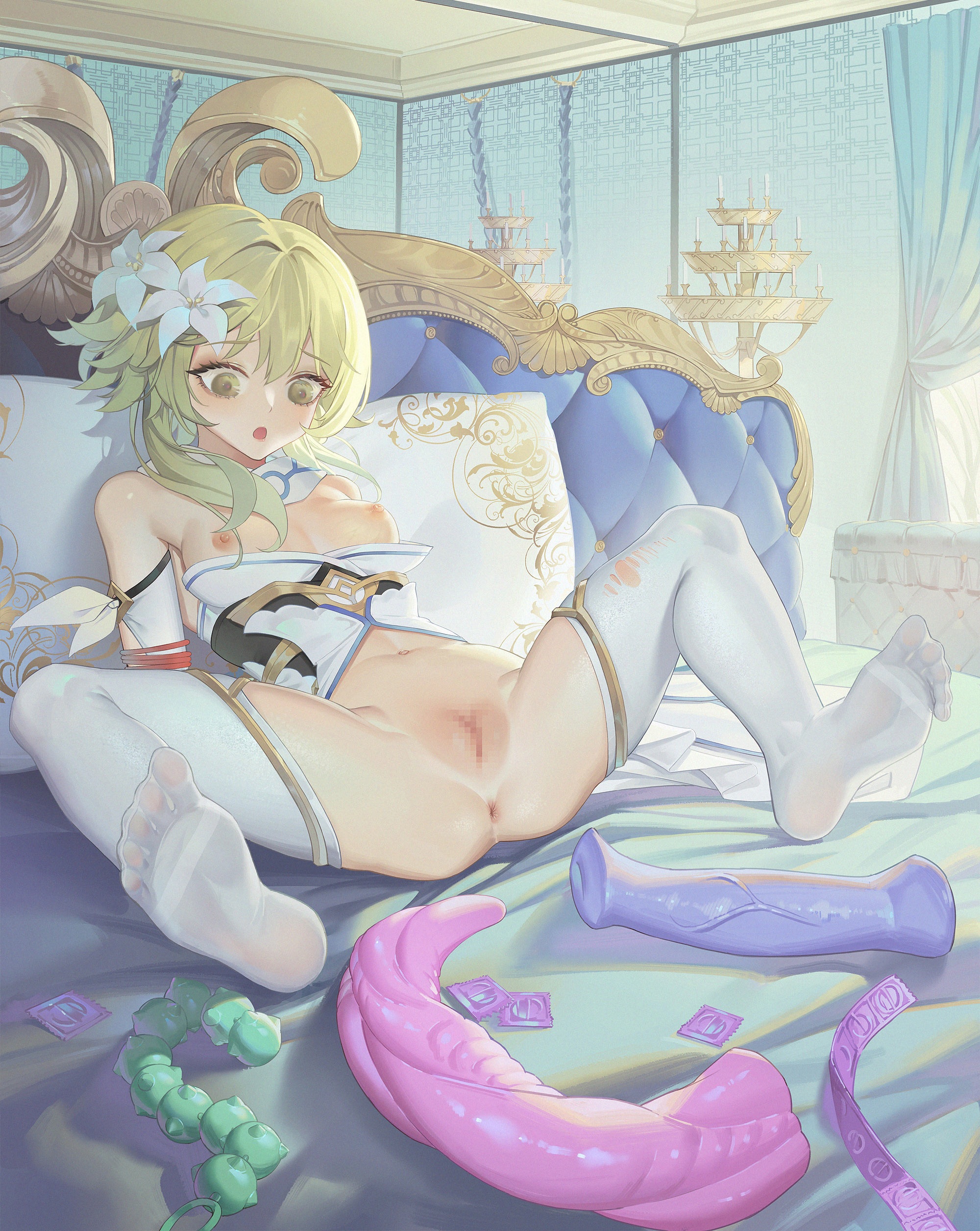 anus, artist request, ass, blonde hair, blush, bondage, breasts, censored, condom, dildo, edit, eyebrows, eyelashes, eyewear, feet, female, female focus, female only, fit, fit female, genshin impact, hairclip, legwear, lumine (genshin impact), more at source, nipples, nude, nude female, on back, on bed, open mouth, pink nipples, pussy, sex toy, small breasts, spread legs, spread pussy, tied up, toes, vagina, white panties, yellow eyes