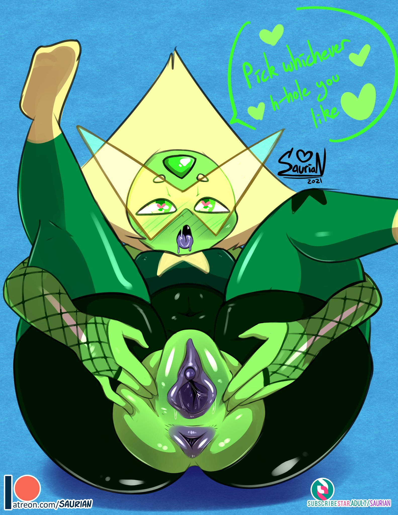 alien girl, anus, female, looking pleasured, open mouth, peridot (steven universe), presenting, presenting anus, presenting pussy, pussy, pussy juice, saliva, saurian (artist), spread pussy, steven universe