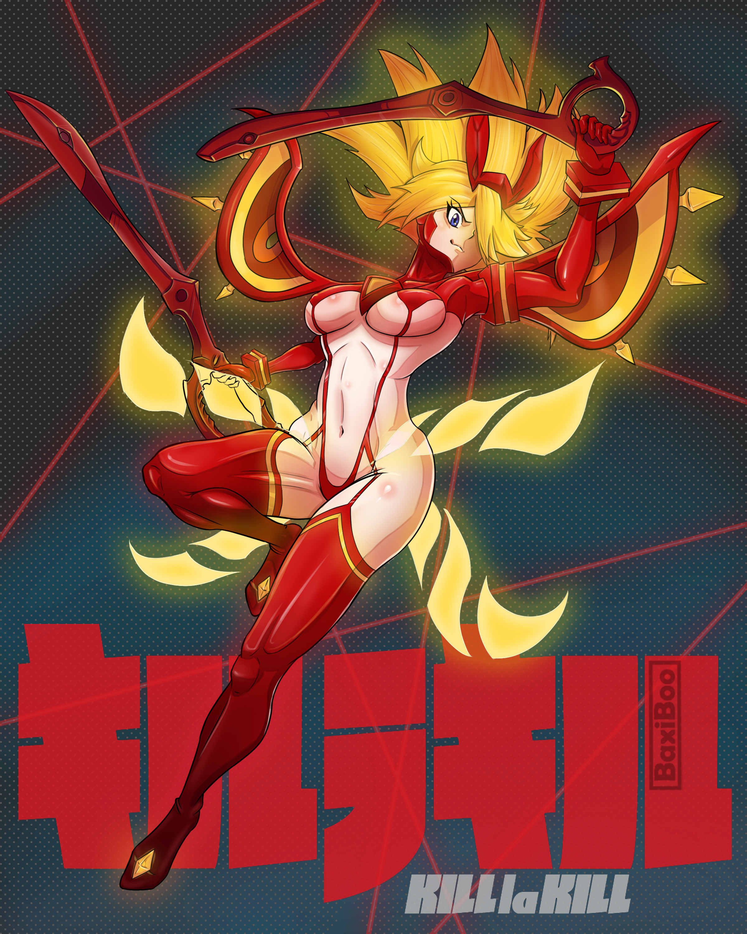 1girls, artist name, baxiboo, blue eyes, breasts, exposed midriff, female, female only, glowing, glowing hair, gold hair, kill la kill, matoi ryuuko, one eye covered, scissor blade, senketsu, senketsu kisaragi, sideboob, suspenders, text, thighhighs, toned, toned female, underboob, weapon