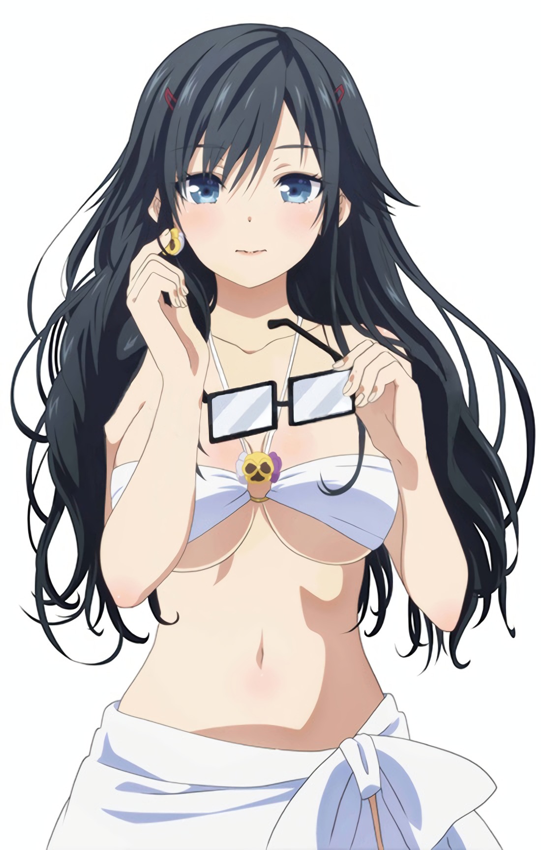 1girls bikini bikini_top black_hair blue_eyes breasts closed_mouth compression_artifacts female female_only high_resolution large_breasts light_background long_hair looking_at_viewer low_quality megane midriff official_art ore_wo_suki_nano_wa_omae_dake_ka_yo pansy_(oresuki) sanshokuin_sumireko simple_background solo swimsuit tagme white_background