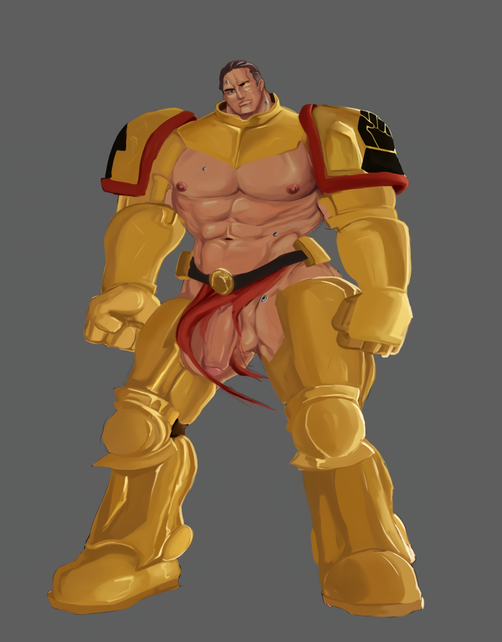 1boy adeptus_astartes armor bara bara_tiddies bara_tits black_carapace imperial_fists_(space_marine) imperium_of_man ineffective_loincloth loincloth loincloth_aside male_focus male_only muscular muscular_male nipples penis penis_out power_armor solo_male space_marine warhammer_(franchise) warhammer_40k youmemoygesan_13