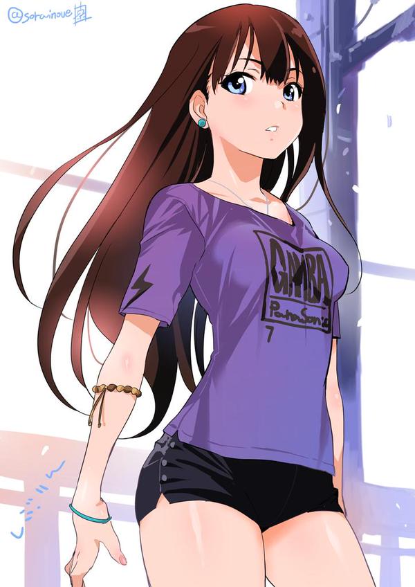 2020s, 2021, black bottomwear, blue eyes, blush, bracelet, breasts, brown hair, cowboy shot, earrings, female, female only, idolmaster, idolmaster cinderella girls, jewelry, long hair, nail polish, necklace, outdoors, parted lips, pink nail polish, purple topwear, shibuya rin, shiny hair, shiny skin, shirt, short shorts, shorts, solo, standing, t-shirt, tagme, teenager, thighs, tomboy, twitter username, wristband