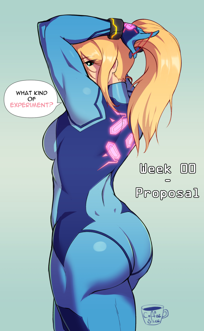 1girls ass big_ass big_breasts blonde_hair bodysuit bubble_butt clothing coffeeslice female female_only female_protagonist green_eyes large_breasts long_hair looking_at_viewer looking_back metroid samus_aran solo speech_bubble text zero_suit zero_suit_samus