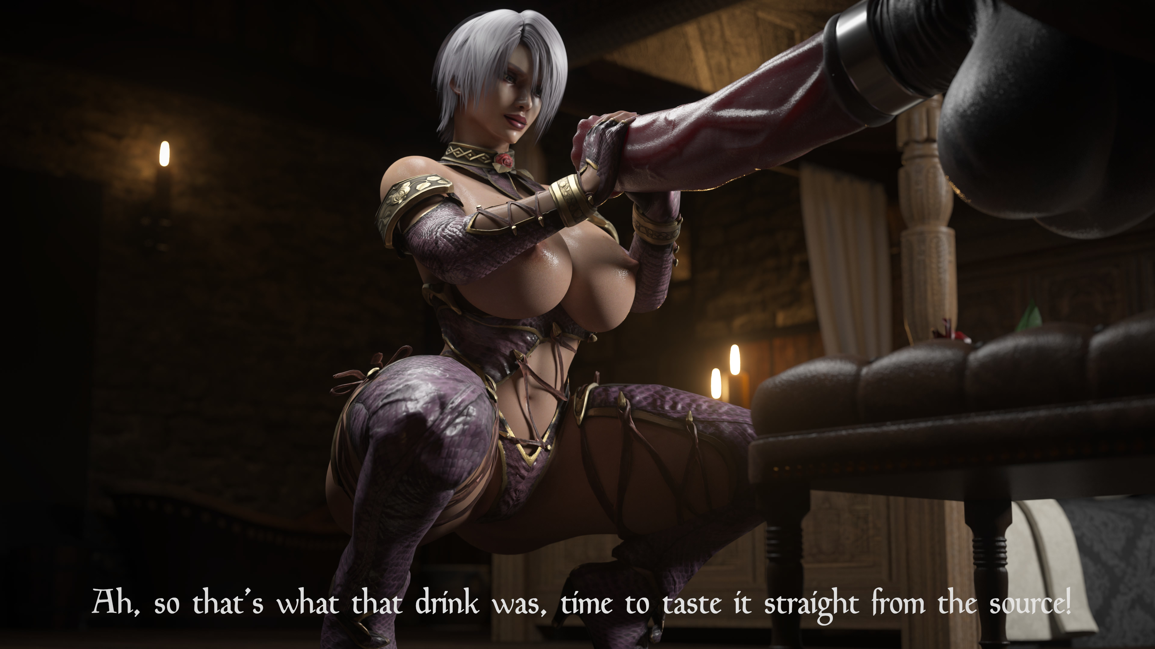 1boy, 1girls, 3d, 4k, absurdres, animal genitalia, areolae, blender, breasts, cleavage, comic, erection, female, handjob, highres, horse, horsecock, huge breasts, huge cock, icedev, isabella valentine, male, nipples, penis, soul calibur, straight, text, thick thighs, wide hips, zoophilia
