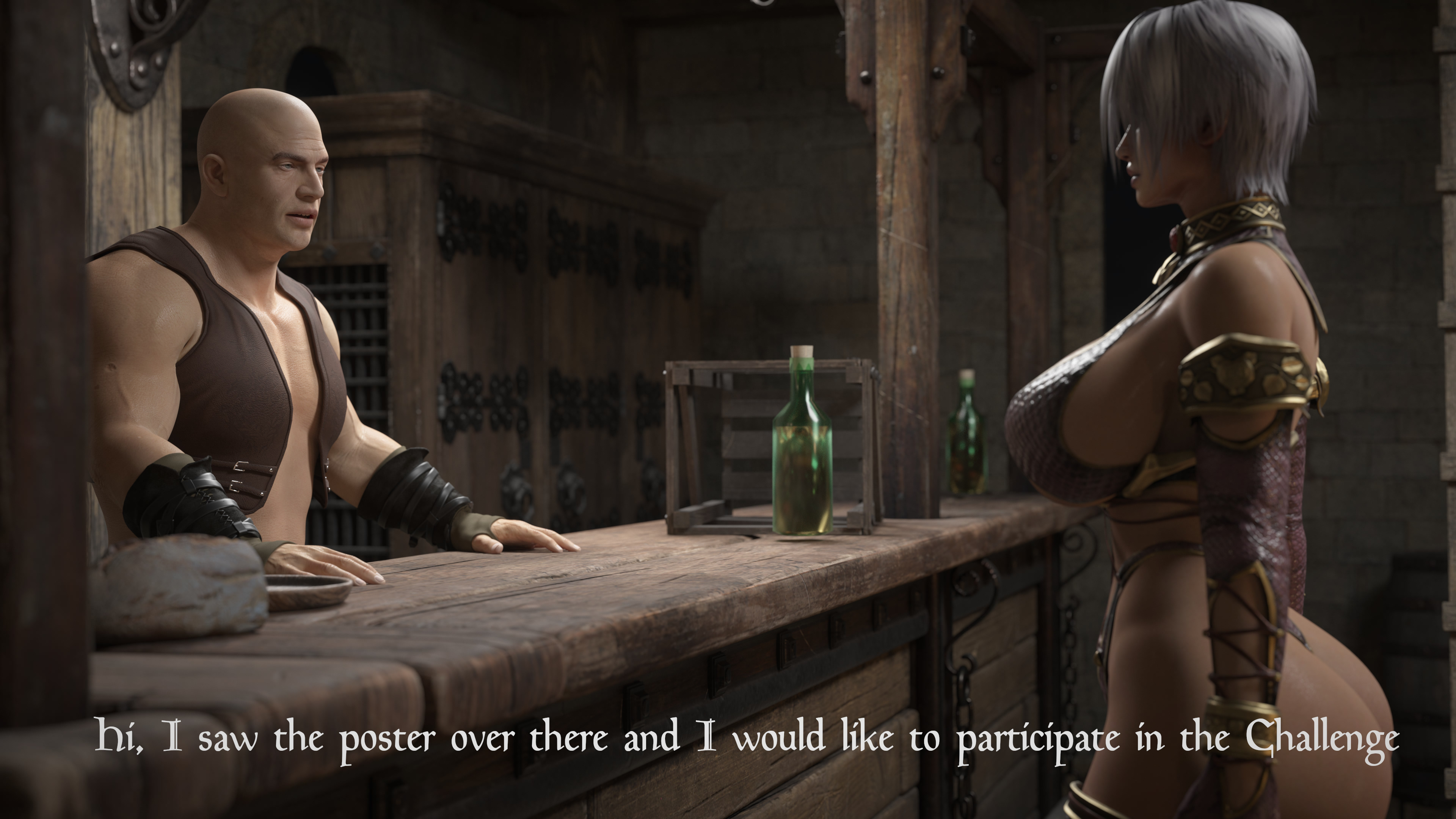1boy, 1girls, 3d, 4k, absurdres, ass, big ass, blender, breasts, cleavage, comic, female, highres, huge breasts, icedev, isabella valentine, male, soul calibur, text, thick thighs, wide hips