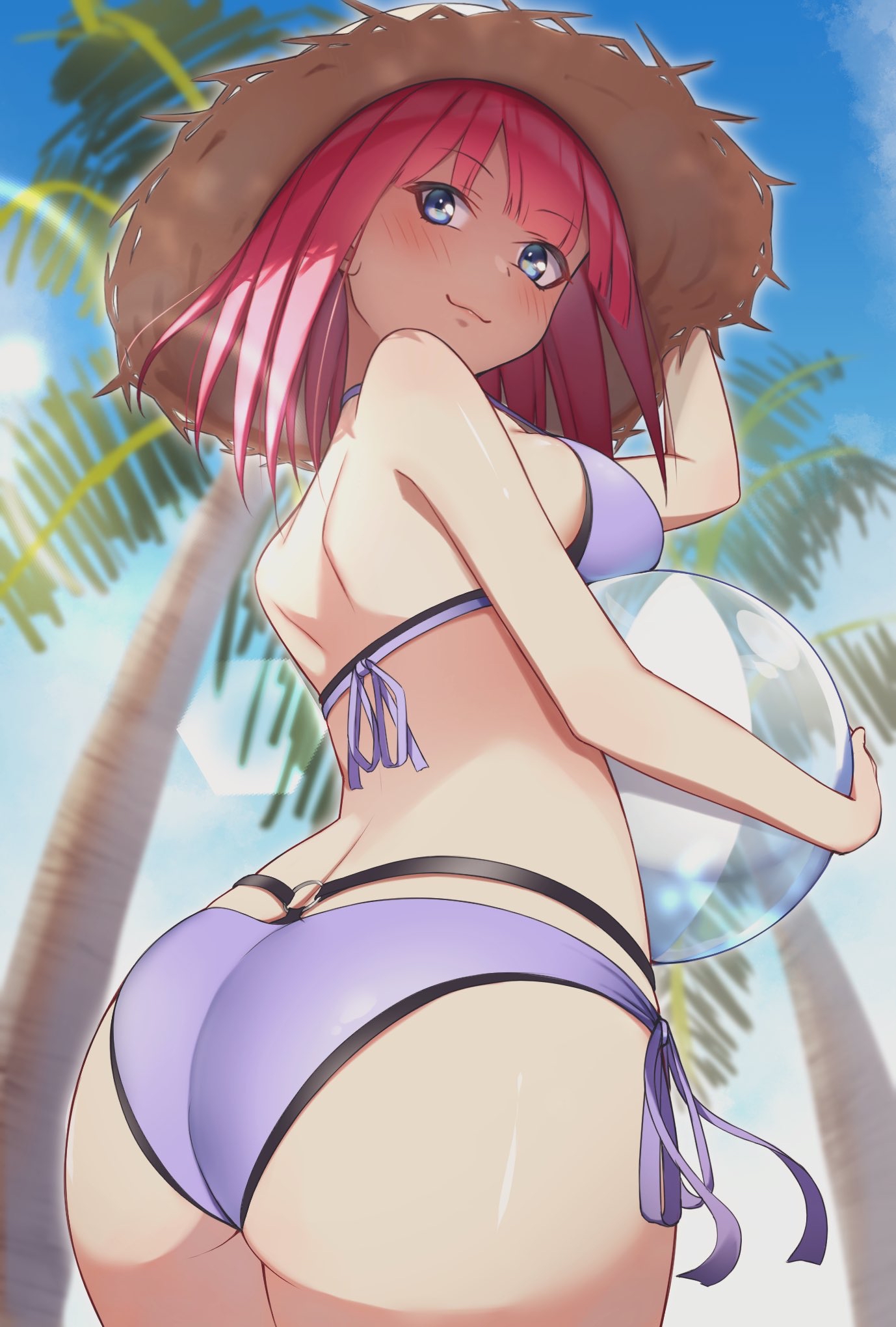 1girls, alternate hairstyle, ass, ass focus, ball (object), bangs, beach ball, beachball, big ass, bikini, blunt bangs, blush, breasts, closed mouth, commentary request, female, female only, from behind, from behind position, from below, go-toubun no hanayome, hand on headwear, hat, headwear, highres, holding, holding ball, holding beachball, holding object, large breasts, light skin, light-skinned female, looking at viewer, looking back, nakano nino, paipan, pale skin, pale-skinned female, palm tree, pink hair, short hair, side-tie bikini, smile, solo, solo focus, straw hat, sun, sunlight, swimsuit, tree, umetasuku