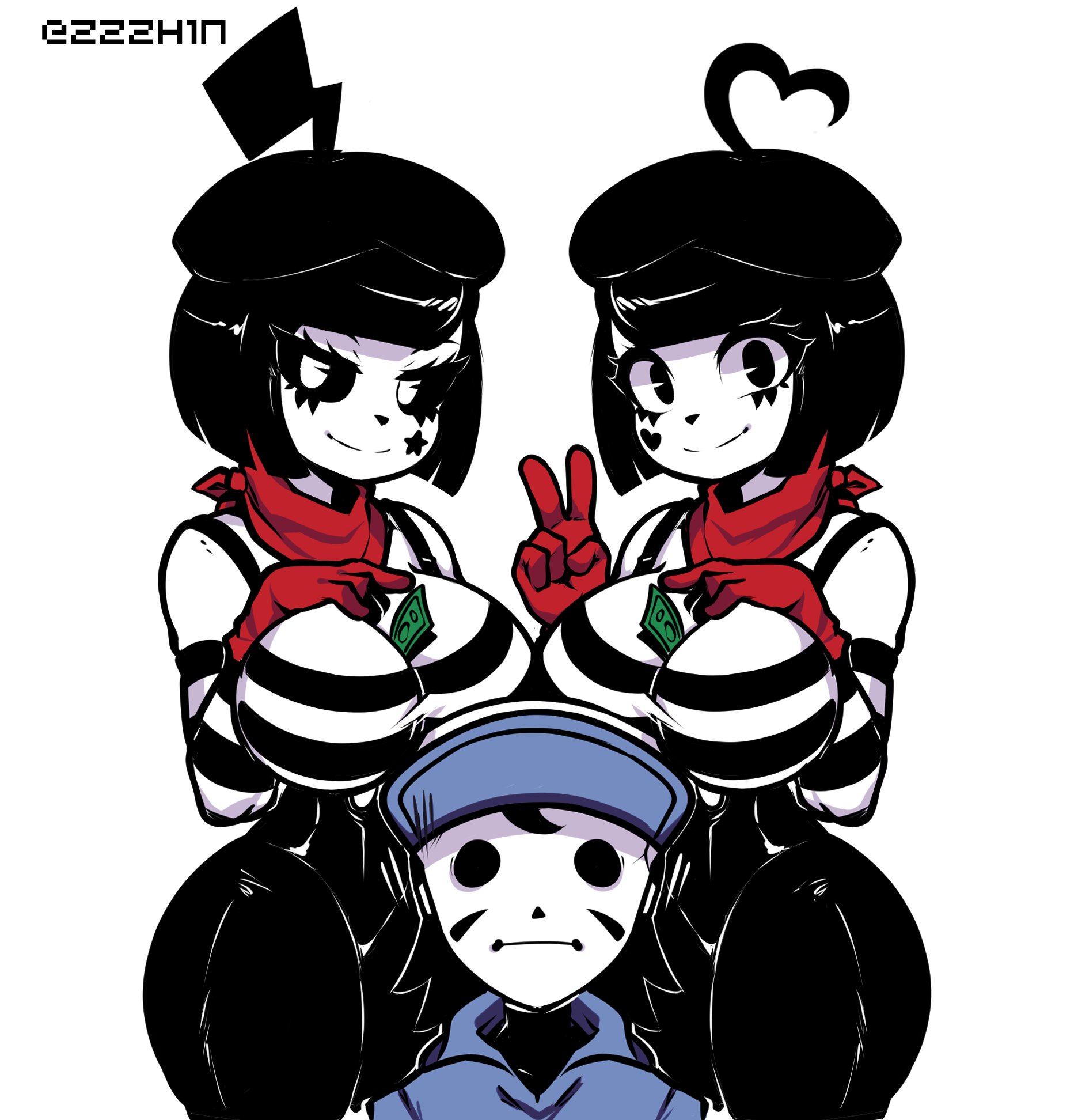 1boy, 2girls, artist request, ass, big breasts, black eyes, bonbon (derpixon), breasts, chuchu (derpixon), dash (derpixon), female, huge breasts, male, mime, mime and dash, mime girl, money, money between breasts, money in cleavage, red gloves, red scarf, thick, thick ass, thick thighs, white eyes