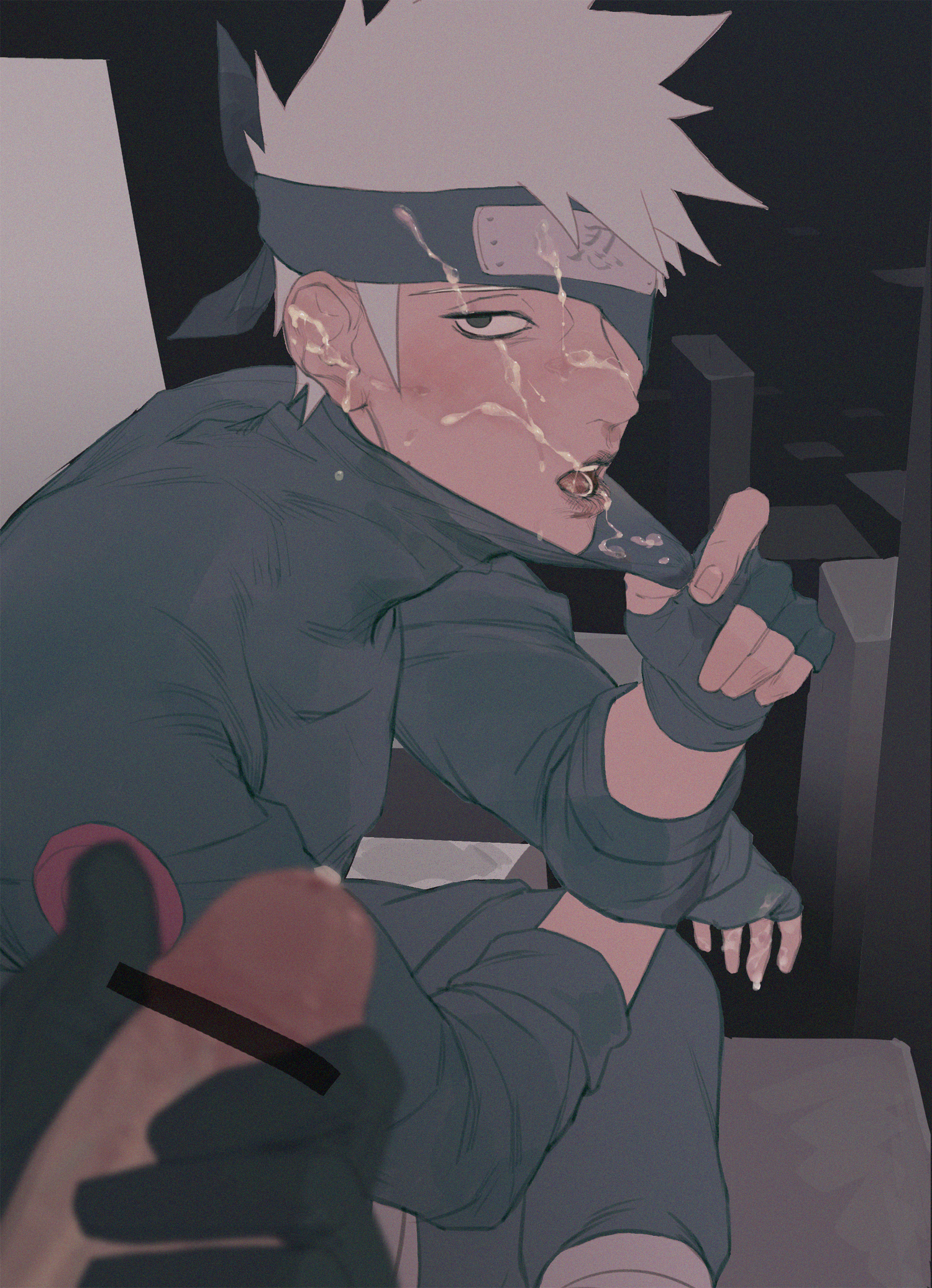 2boys, after fellatio, after oral, after sex, bluesy, bodily fluids, censor bar, censored, censored penis, clothed, clothing, cum, cum in hand, cum in mouth, cum on face, facial, gay, genital fluids, genitals, hand on penis, hatake kakashi, kakashi hatake, male, male only, male/male, mask, naruto, naruto (series), naruto shippuden, open mouth, penis, penis grab, pointless censoring, sitting, uchiha obito, white hair, yaoi