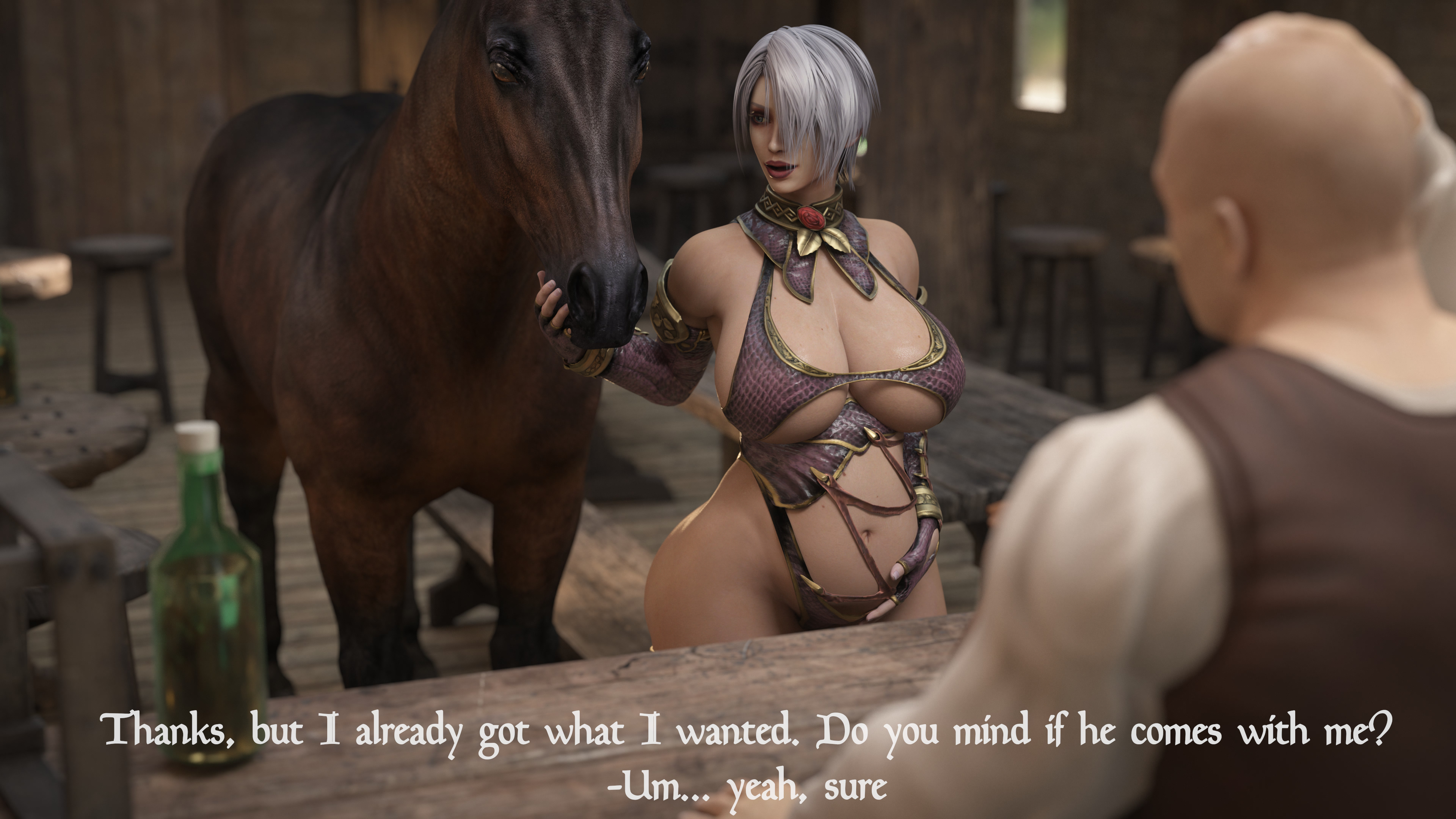 1girls, 2boys, 3d, 4k, absurdres, blender, breasts, cleavage, comic, female, highres, horse, huge breasts, icedev, inflation, isabella valentine, male, soul calibur, text, thick thighs, wide hips, zoophilia