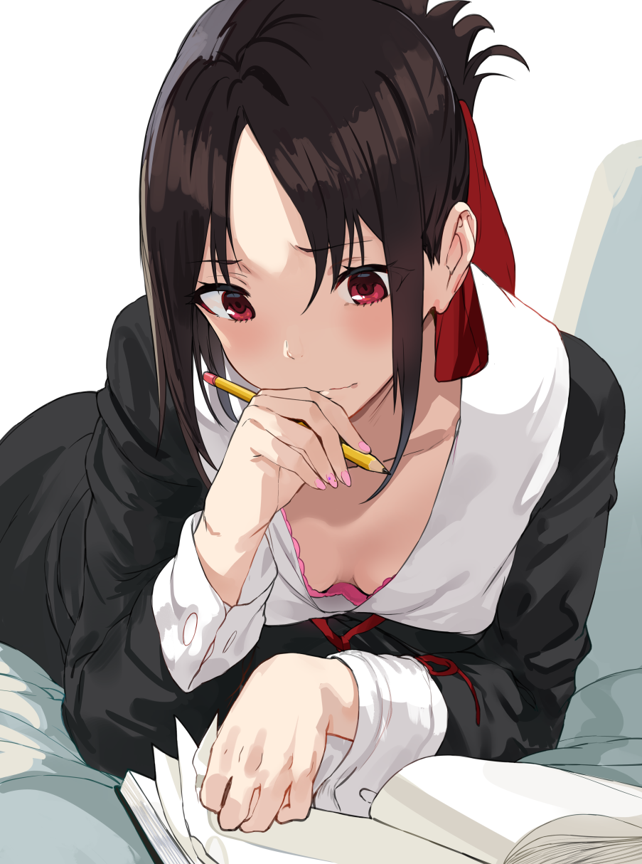 bangs black_dress black_hair blush book bra breasts clavicle cleavage closed_mouth down_blouse dress duplicate female hair_ornament hair_ribbon hand_up hews_hack high_resolution holding kaguya-sama_wa_kokurasetai_~tensai-tachi_no_renai_zunousen~ long_sleeves looking_down lying medium_hair nail_polish on_stomach open_book parted_bangs pencil pink_bra pink_nails red_eyes red_ribbon ribbon school_uniform shinomiya_kaguya simple_background small_breasts solo tagme underwear uniform white_background